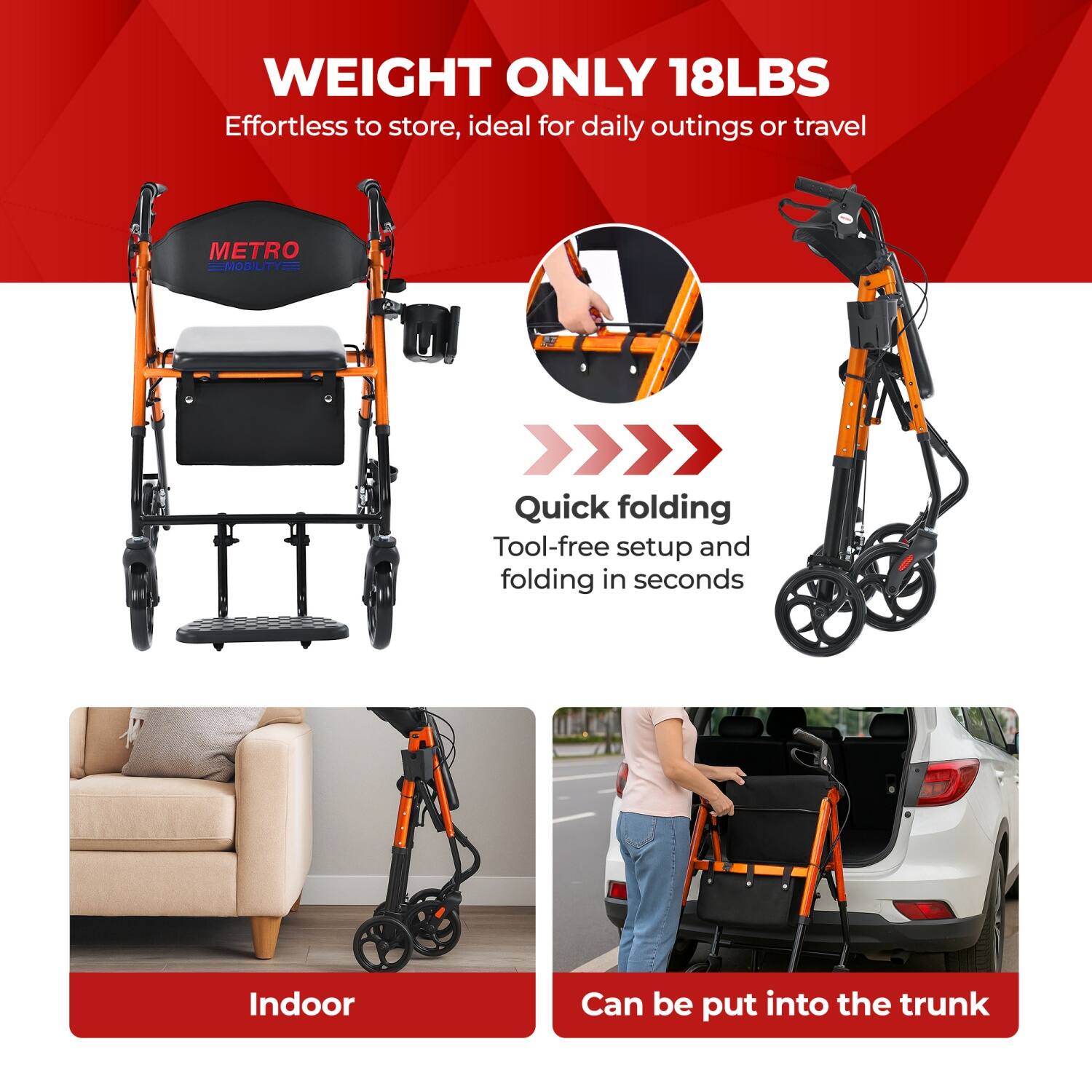 WEIGHT ONLY 18LBS  
Effortless to store, ideal for daily outings or travel  

Quick folding  
Tool-free setup and folding in seconds  

Indoor  

Can be put into the trunk