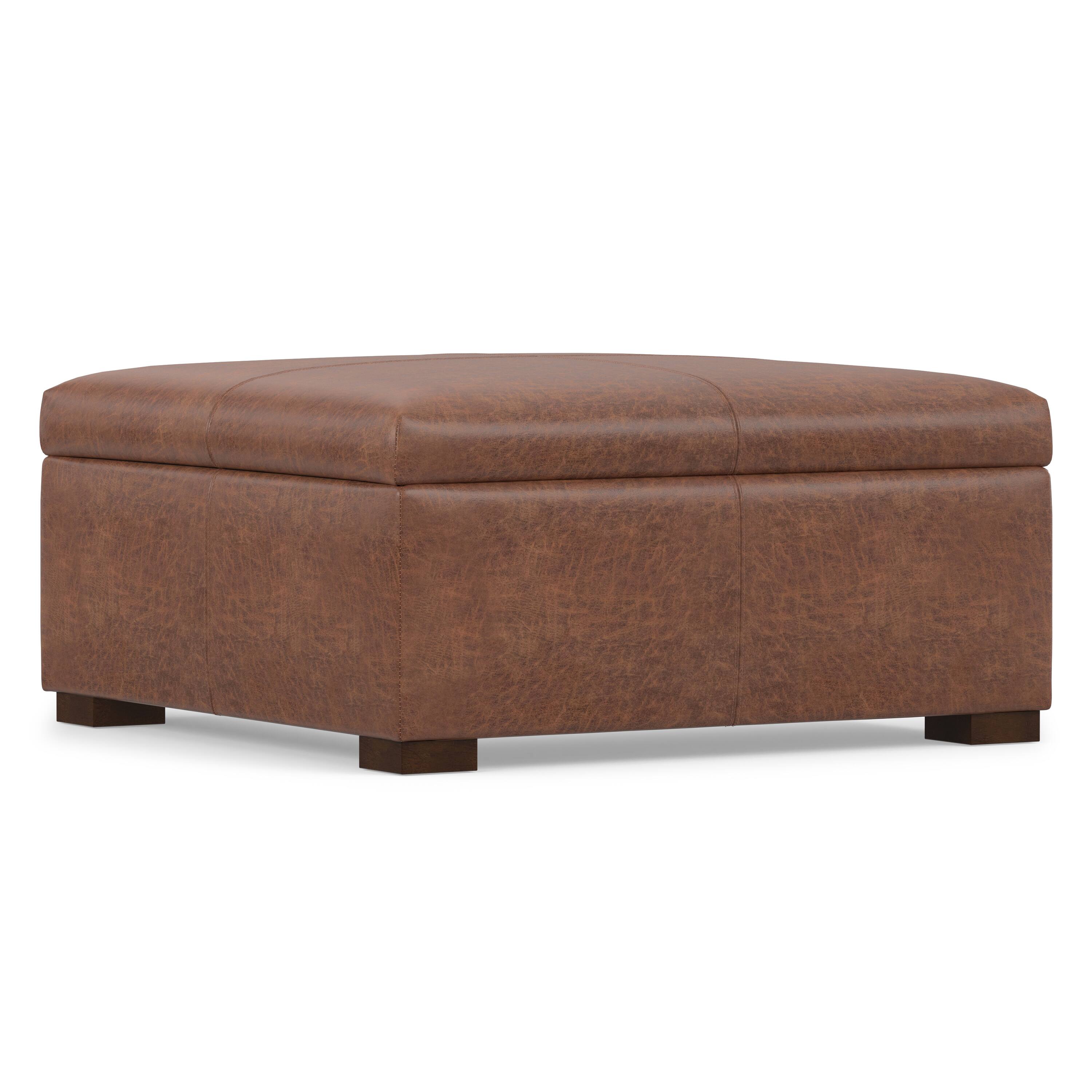 Alt View 3. Simpli Home - Gabbie 36 inch Wide Square Coffee Table Storage Ottoman in Distressed Saddle Brown Vegan Leather - Distressed Saddle Brown.