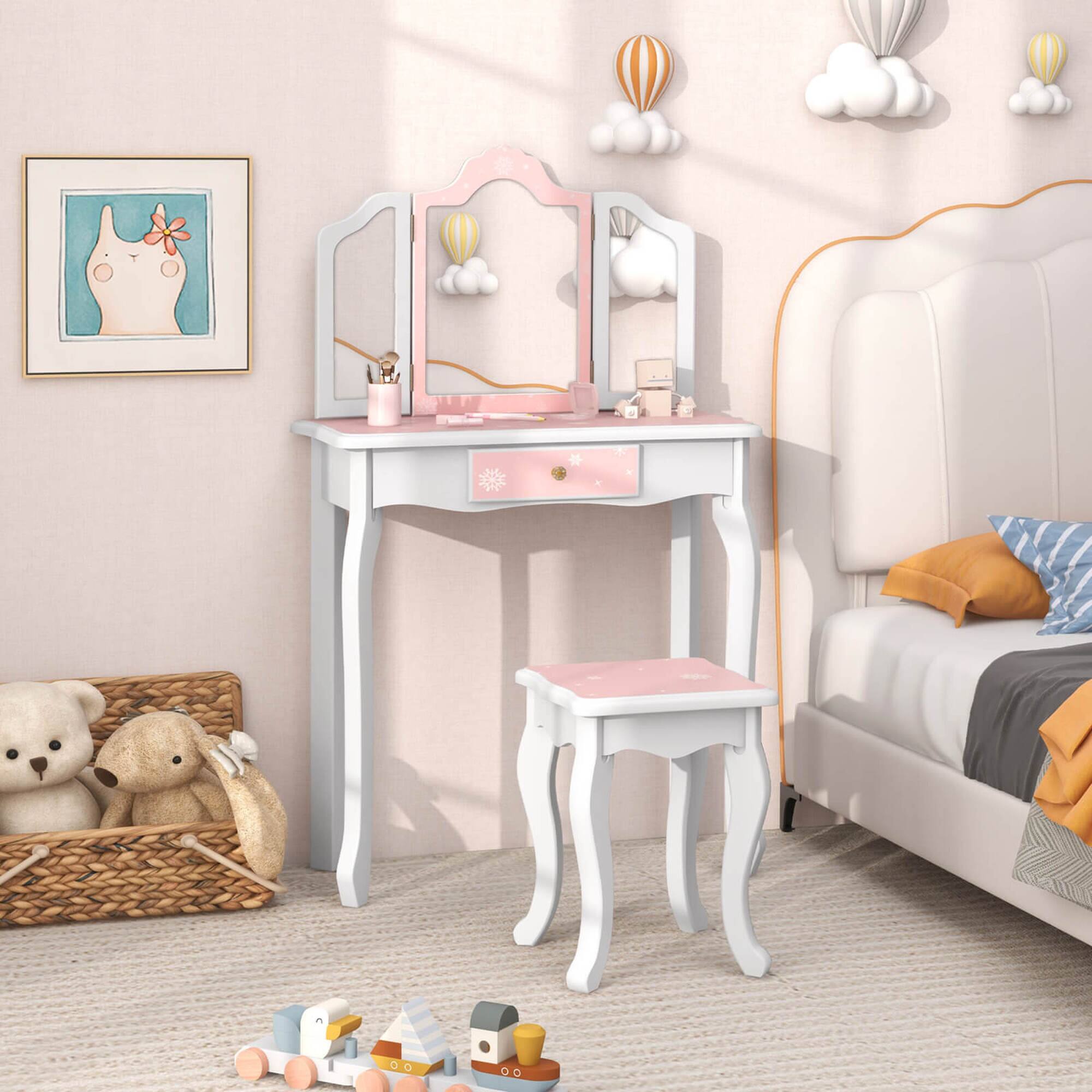 Alt View 1. Costway - Costway Kids Vanity Set Toddler Makeup Table & Stool with Tri-folding Mirror Drawer - Pink.