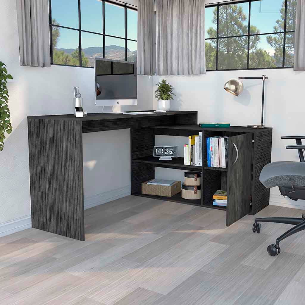 Front. APRILSOUL - Axis Modern L-Shaped Computer Desk with Open and Closed Storage -Smokey Oak - Gray.