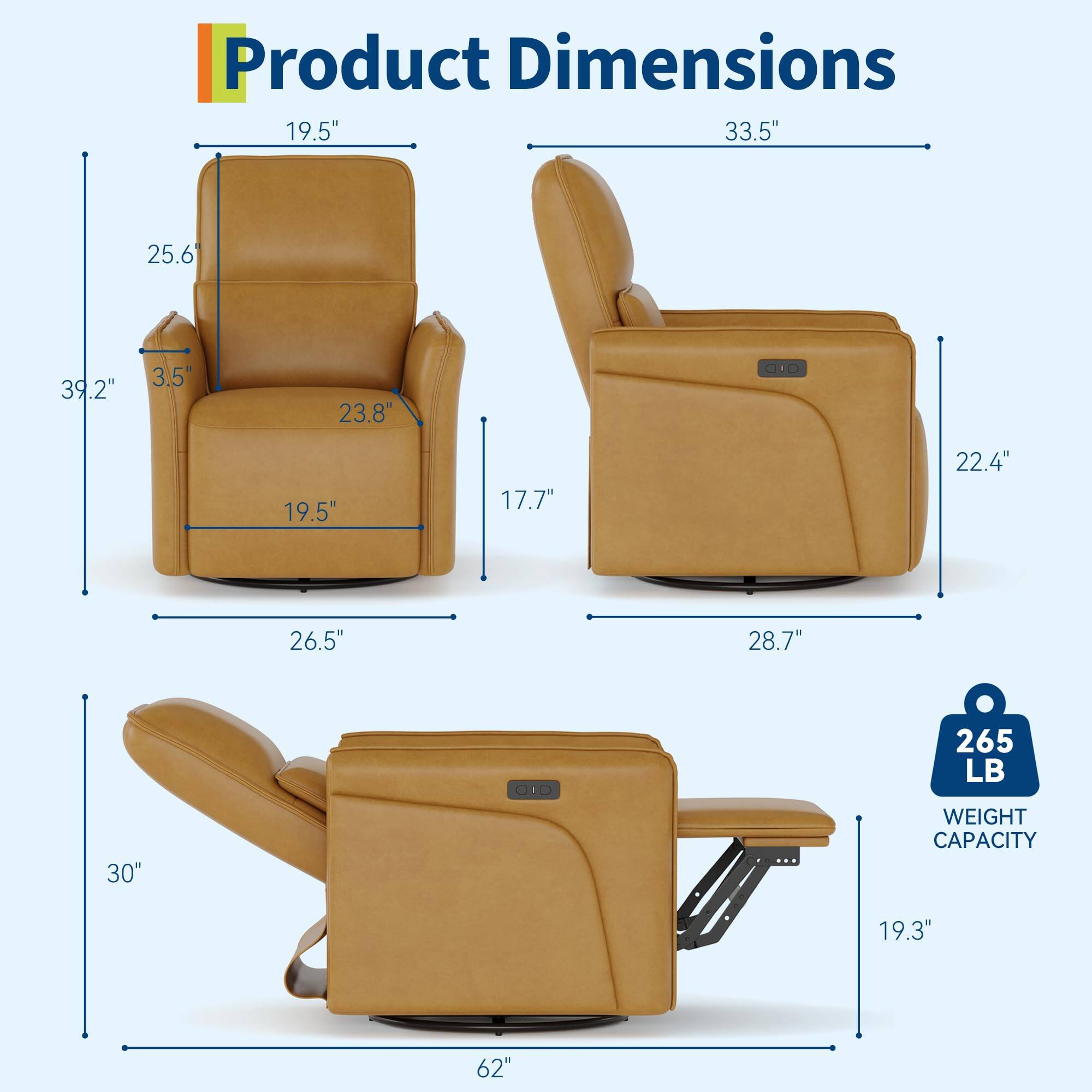 Product Dimensions

- Height: 39.2"
- Width: 33.5"
- Depth: 26.5"
- Seat Height: 19.5"
- Seat Depth: 23.8"
- Armrest Height: 25.6"
- Armrest Width: 19.5"
- Back Height: 33.5"
- Back Width: 28.7"
- Side Width: 22.4"
- Base Width: 62"
- Base Depth: 30"
- Weight Capacity: 265 LB