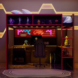 Anysun - Full Gaming Loft Bed with Integrated Desk & Lights - Wooden Frame, Built-in Charging Station - Red