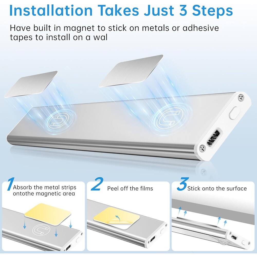 Installation Takes Just 3 Steps

Have built in magnet to stick on metals or adhesive tapes to install on a wall

1. Absorb the metal strips onto the magnetic area
2. Peel off the films
3. Stick onto the surface