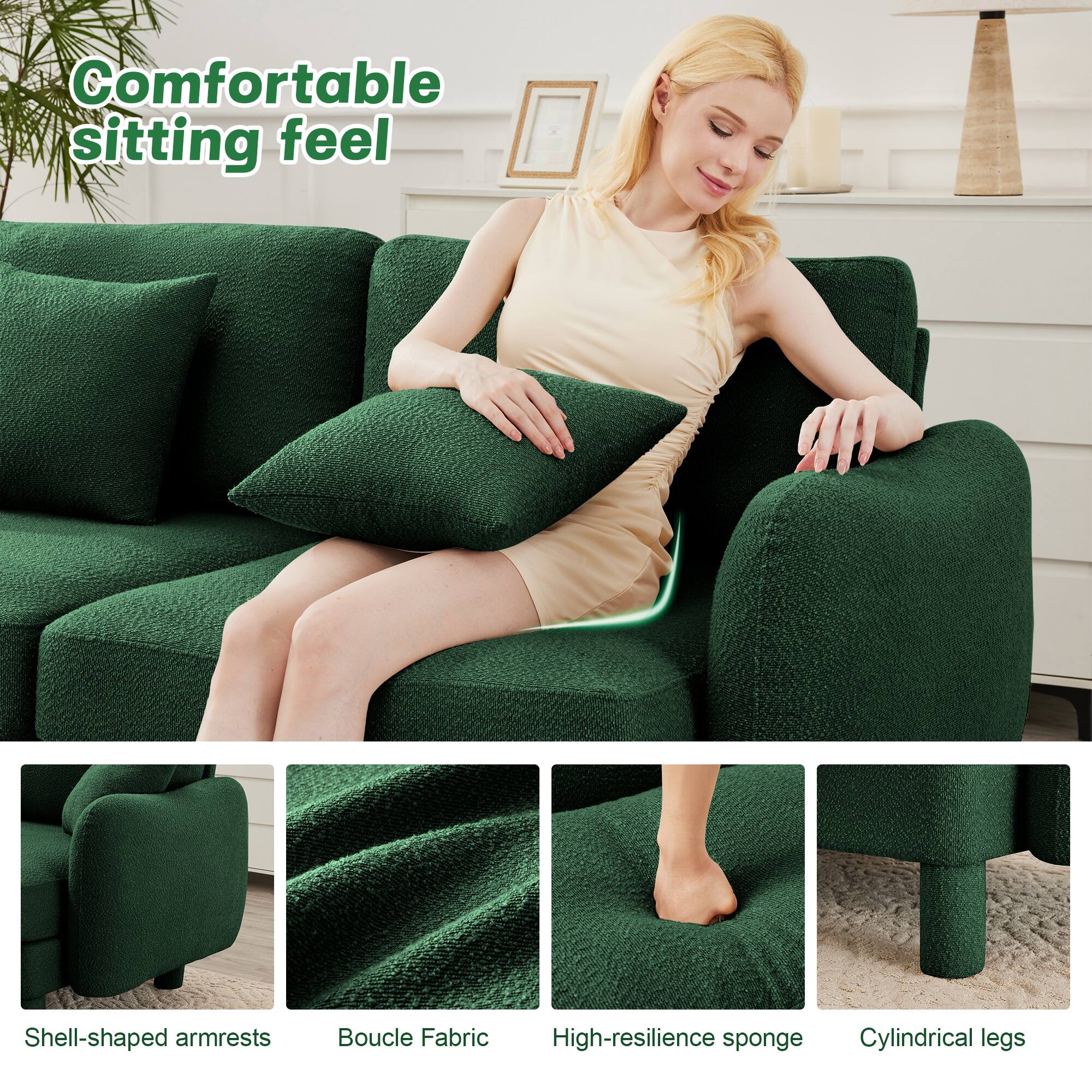 Comfortable sitting feel

Shell-shaped armrests  
Boucle Fabric  
High-resilience sponge  
Cylindrical legs