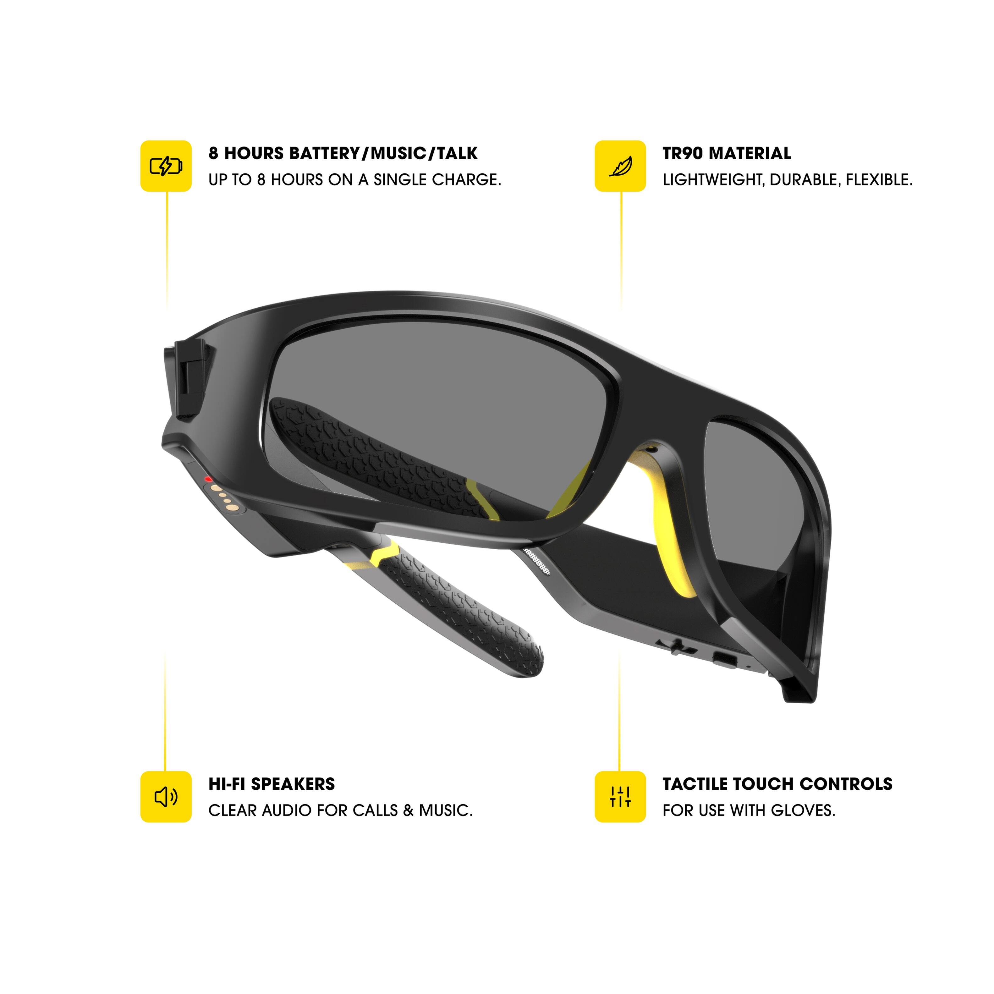 - 8 HOURS BATTERY/MUSIC/TALK  
  UP TO 8 HOURS ON A SINGLE CHARGE.

- TR90 MATERIAL  
  LIGHTWEIGHT, DURABLE, FLEXIBLE.

- HI-FI SPEAKERS  
  CLEAR AUDIO FOR CALLS & MUSIC.

- TACTILE TOUCH CONTROLS  
  FOR USE WITH GLOVES.