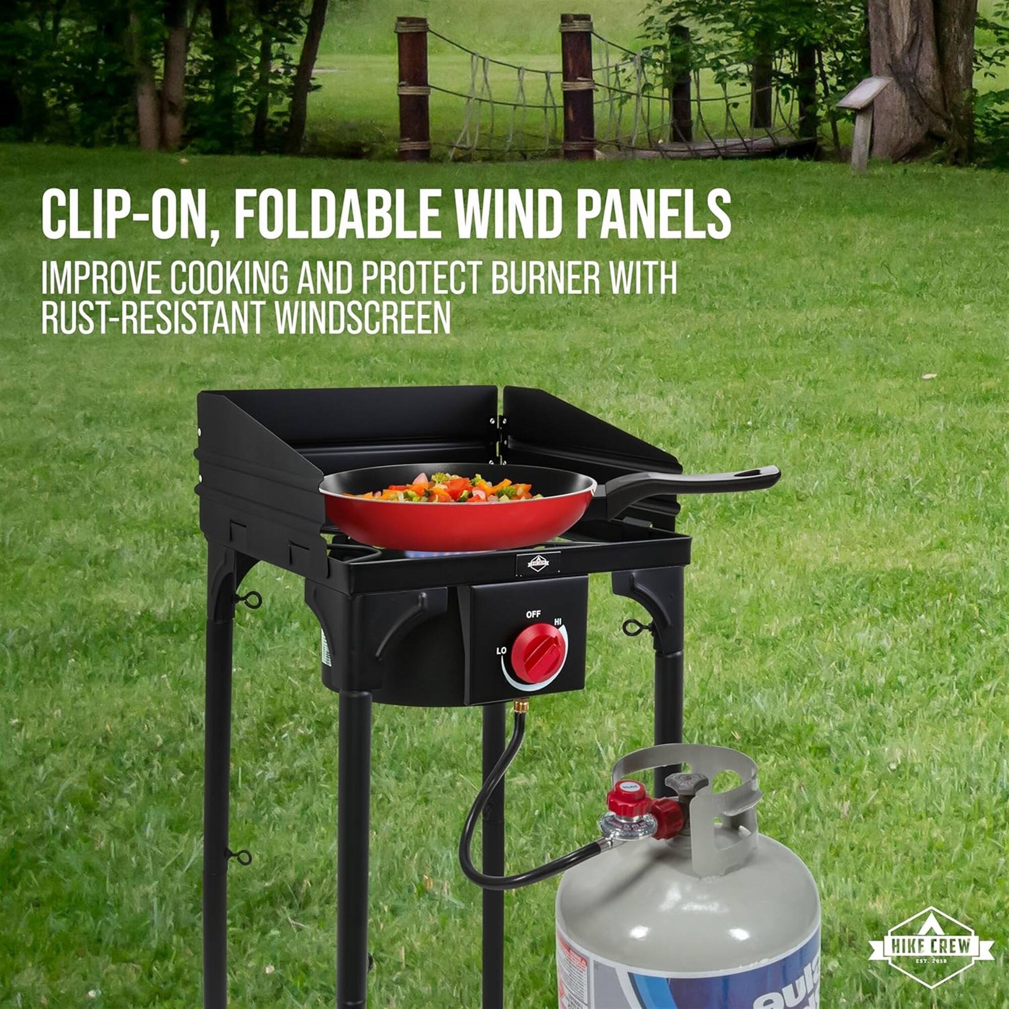 CLIP-ON, FOLDABLE WIND PANELS IMPROVE COOKING AND PROTECT BURNER WITH RUST-RESISTANT WINDSCREEN OFF L0 aU  HIKE CREW ..E ...