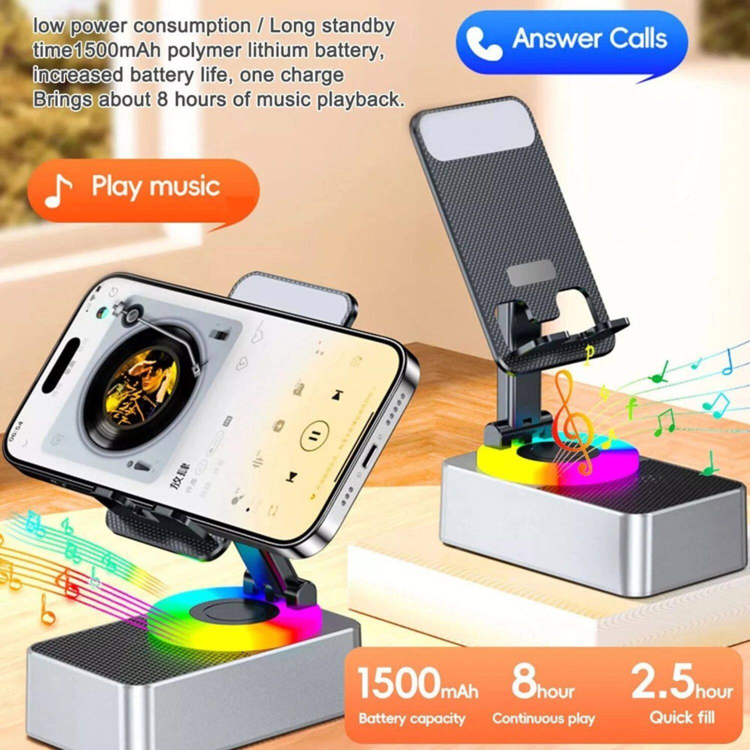 low power consumption / Long standby time  
1500mAh polymer lithium battery, increased battery life, one charge brings about 8 hours of music playback.  

Play music  
Answer Calls  

1500mAh  
8 hour  
2.5 hour  

Battery capacity  
Continuous play  
Quick fill