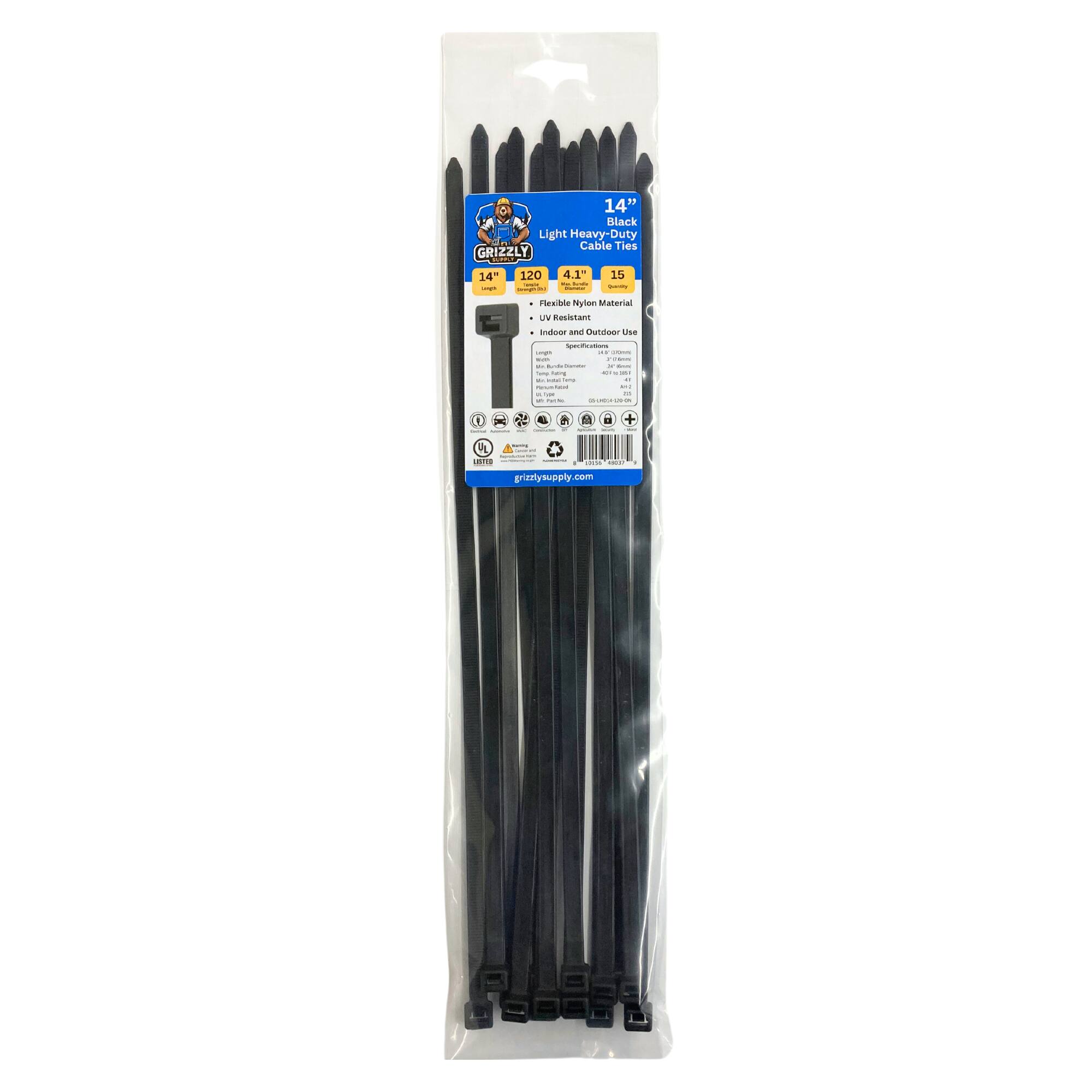 14" Black Light Heavy-Duty Cable Ties GRIZZLY  14" 120 4.1" 15 F - -- - | - Flexible Nylon Material - Indoor and Outdoor Use - - i : - I - | - : - - - -- - : I - - - - - - 1 2 1 | . - P - .. - I grizzlysupply.com -