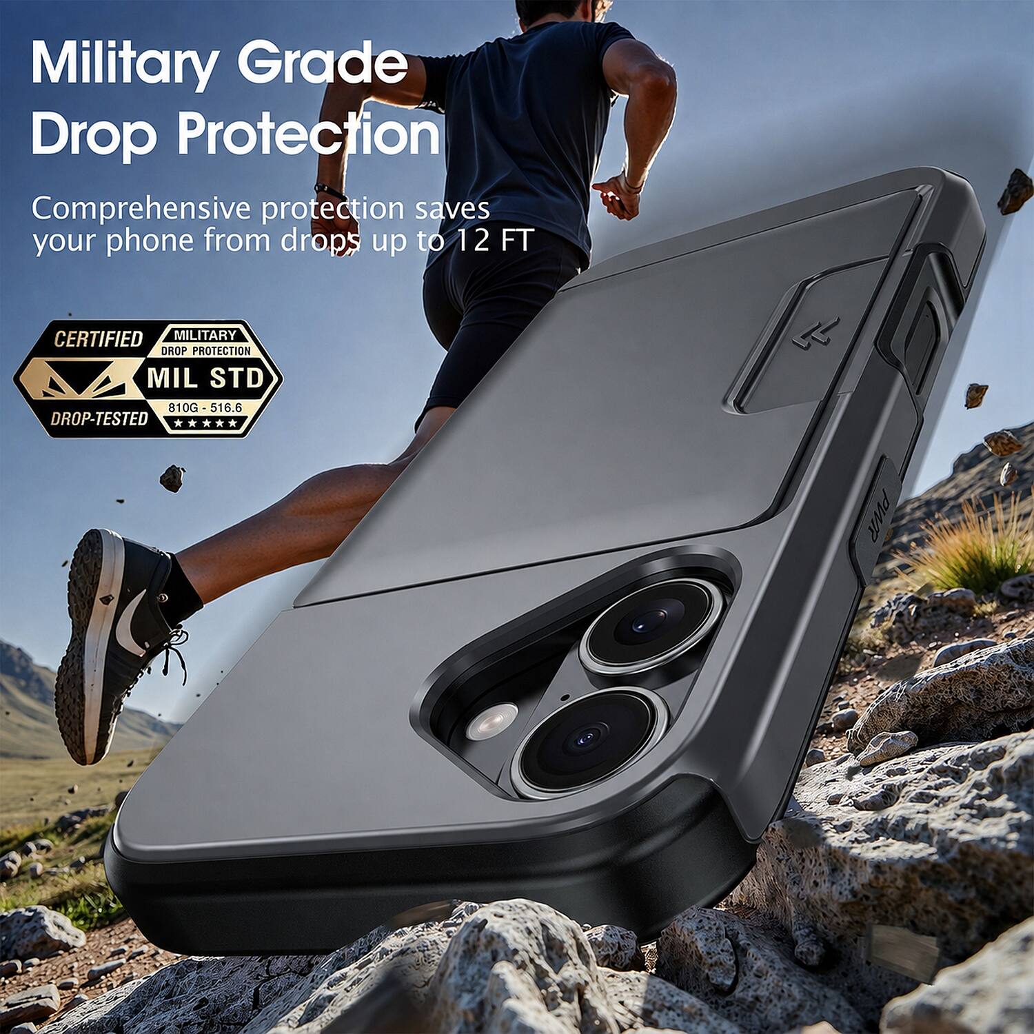 Military Grade Drop Protection  
Comprehensive protection saves your phone from drops up to 12 FT  

CERTIFIED MILITARY DROP PROTECTION  
MIL STD 810G - 516.6 DROP-TESTED