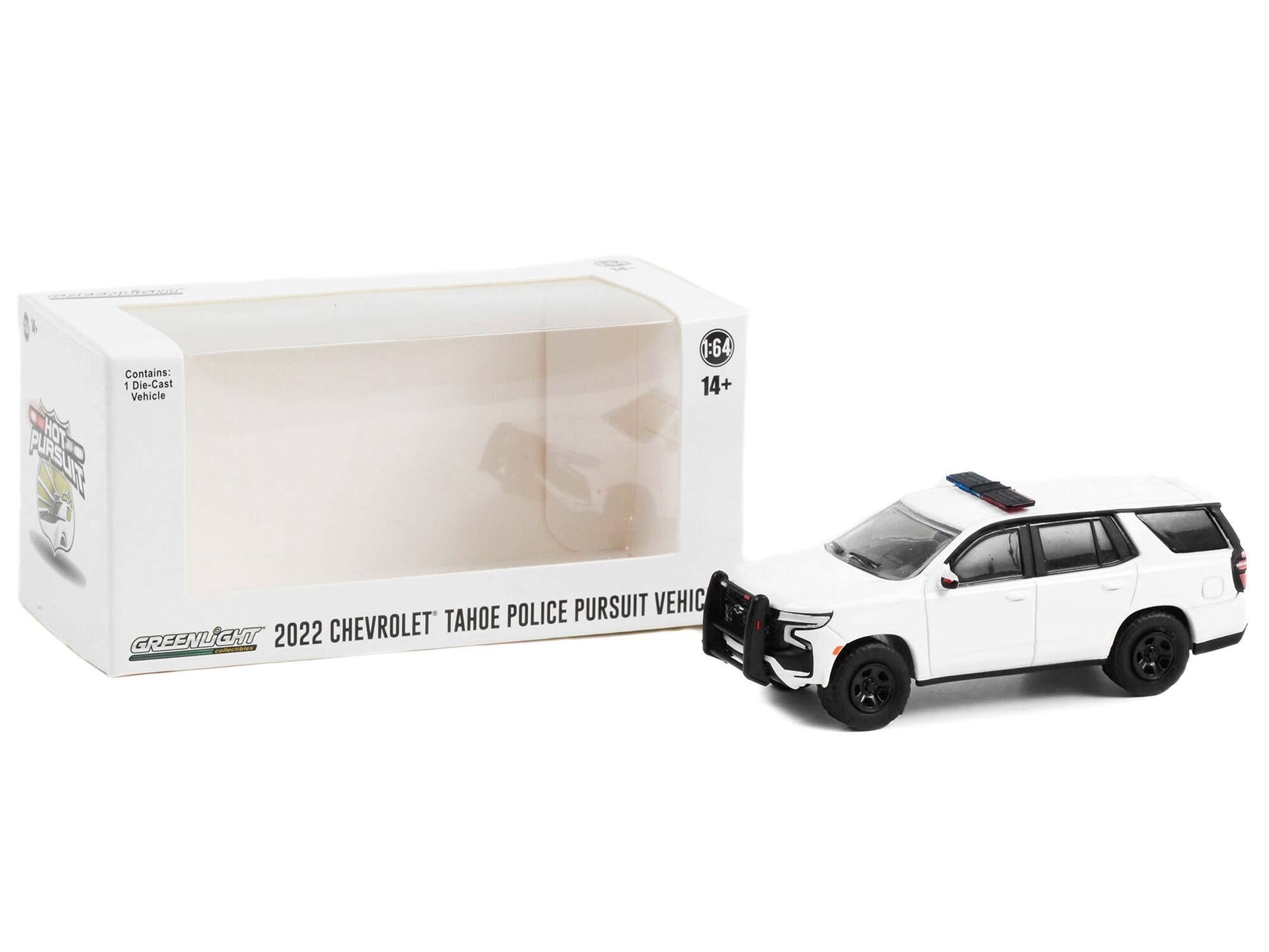 Contains: 1 Die-Cast Vehicle  
HOT PURSUIT  
1:64  
14+  
POLICE PURSUIT VEHICLE  
2022 CHEVROLET  
GREENLIGHT