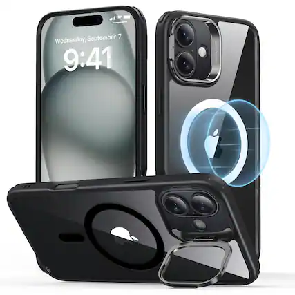 The image shows a cell phone with a case on it, displaying the time of 9:41. The phone is placed on top of the case, which is positioned on a table. The case is black and has a circular design. The phone is an iPhone, and the case is specifically designed for it. The image also shows the back of the phone, which has a camera and a flash. The case is likely meant to protect the phone and provide a secure grip.