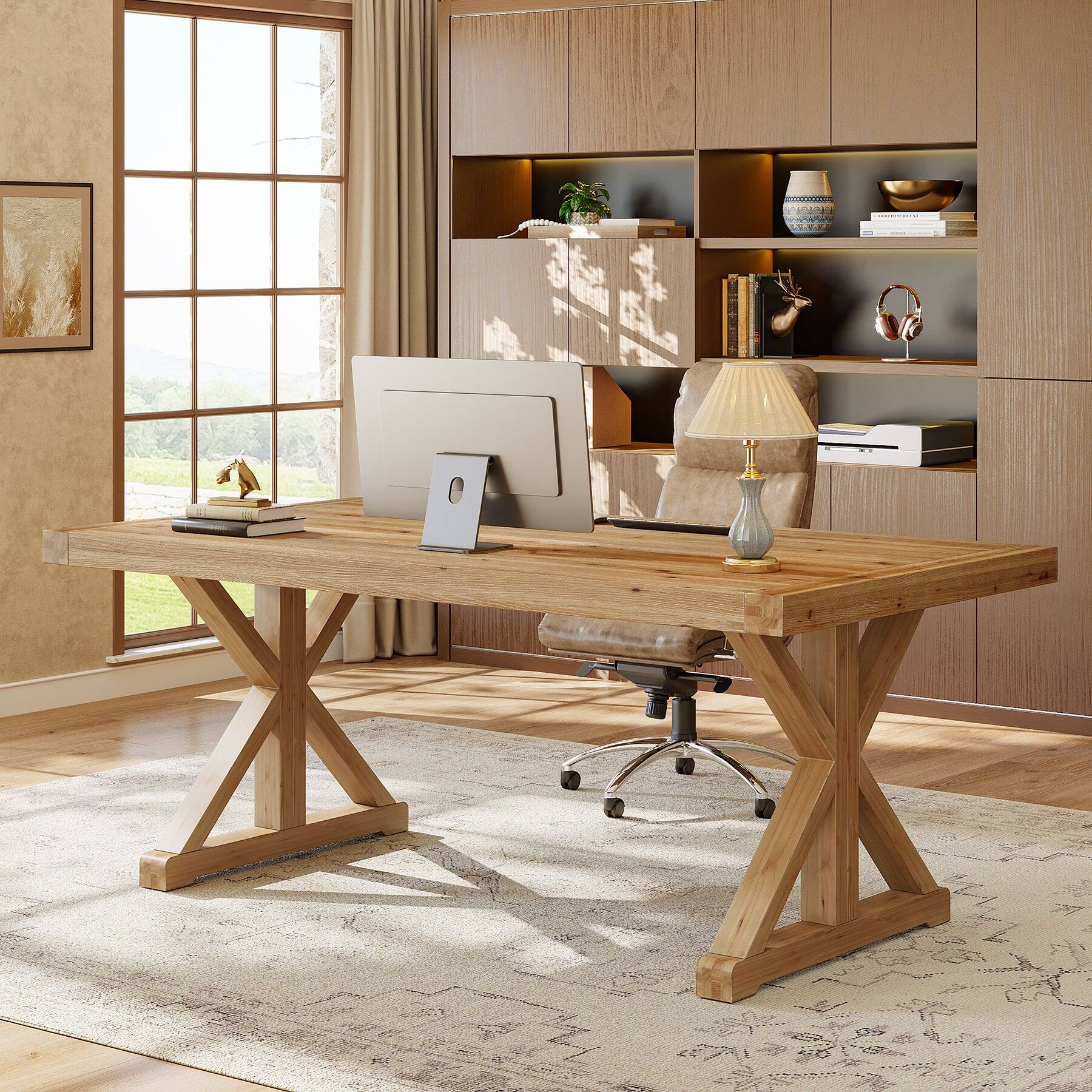Back. Tribesigns - Office Executive Desk with Solid Wood Construction, for Computer Work and Writing in Home Offices - Light Brown.