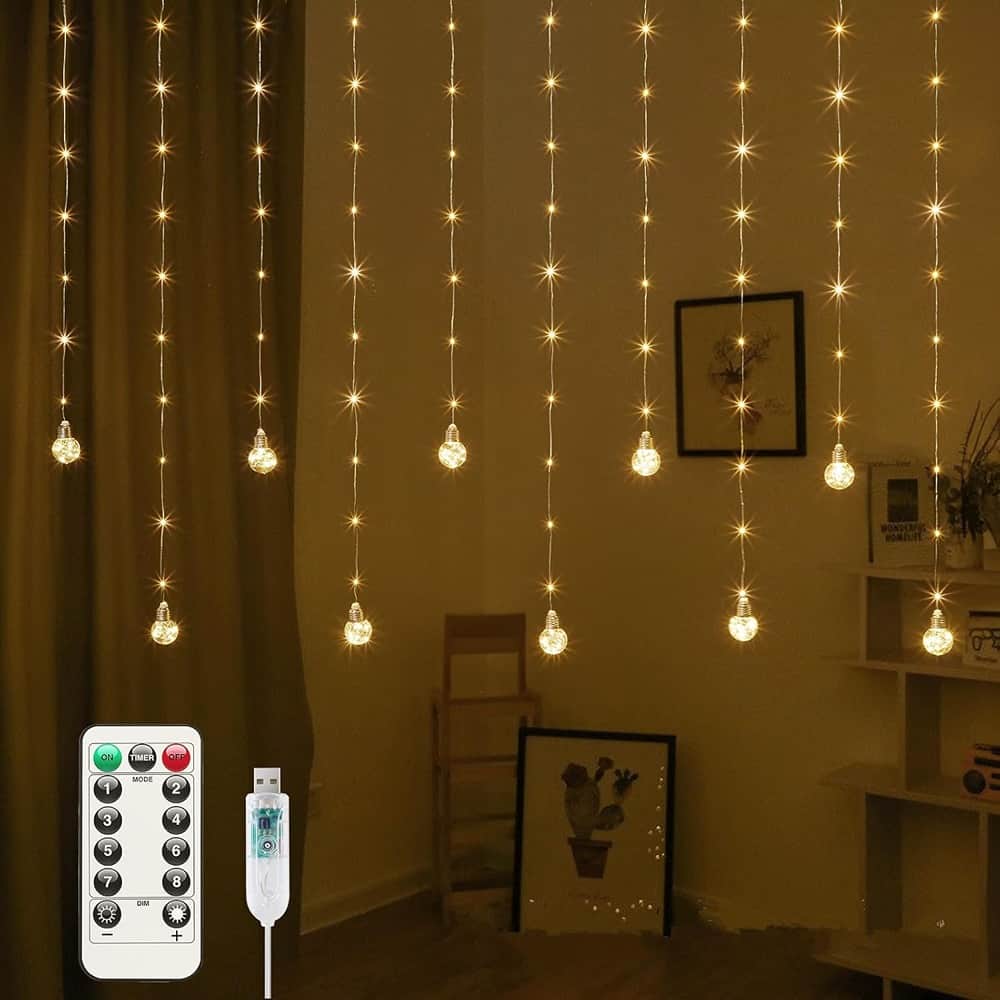MOSZAR LLC - 200 LED Curtain Fairy Lights, 9.8ft, Warm White, USB, Remote & Waterproof