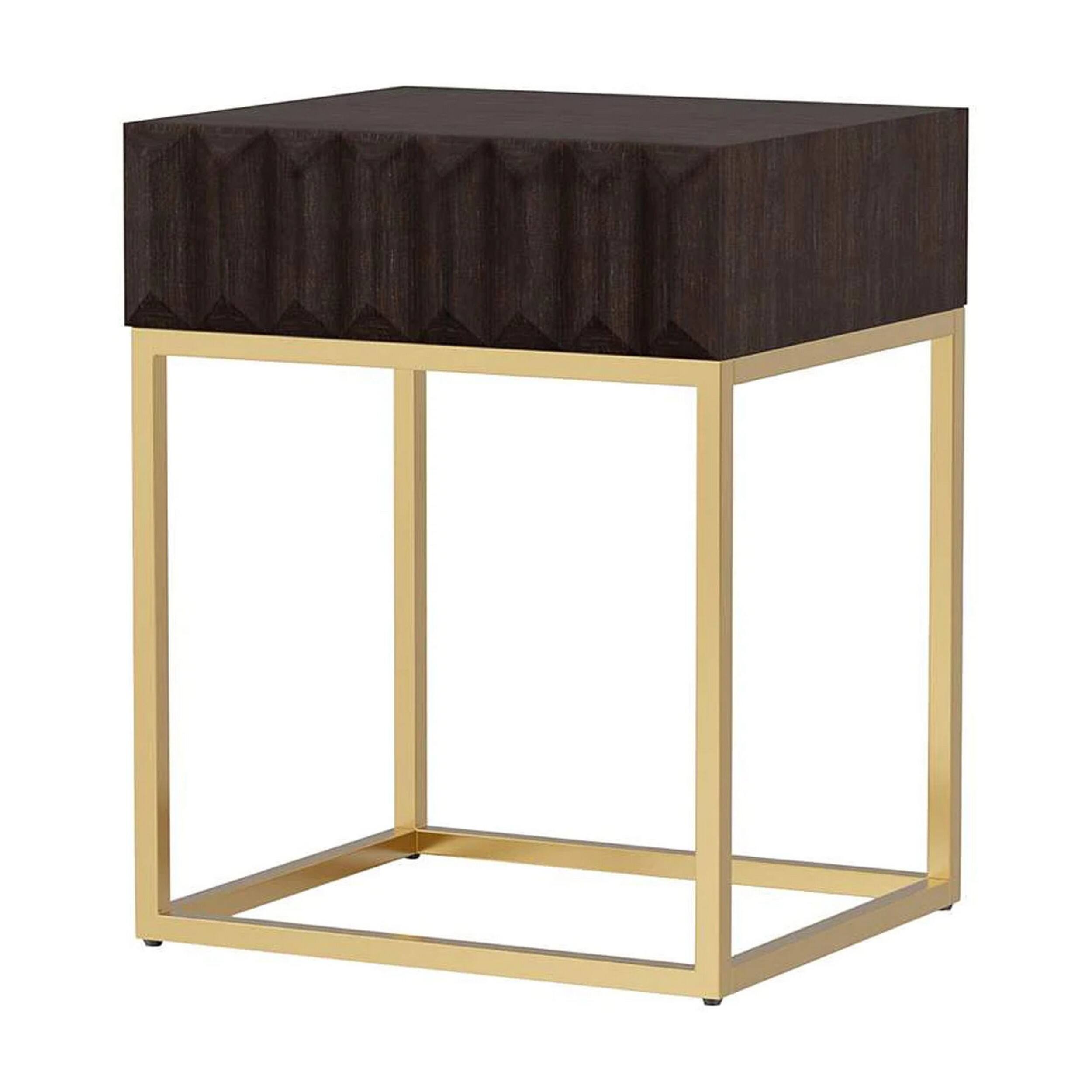 Front. Manhattan Lane - Bran 24 Inch Modern Side End Table, Brown Wood, Gold Steel Base, 1 Drawer - Dark Brown, Gold.