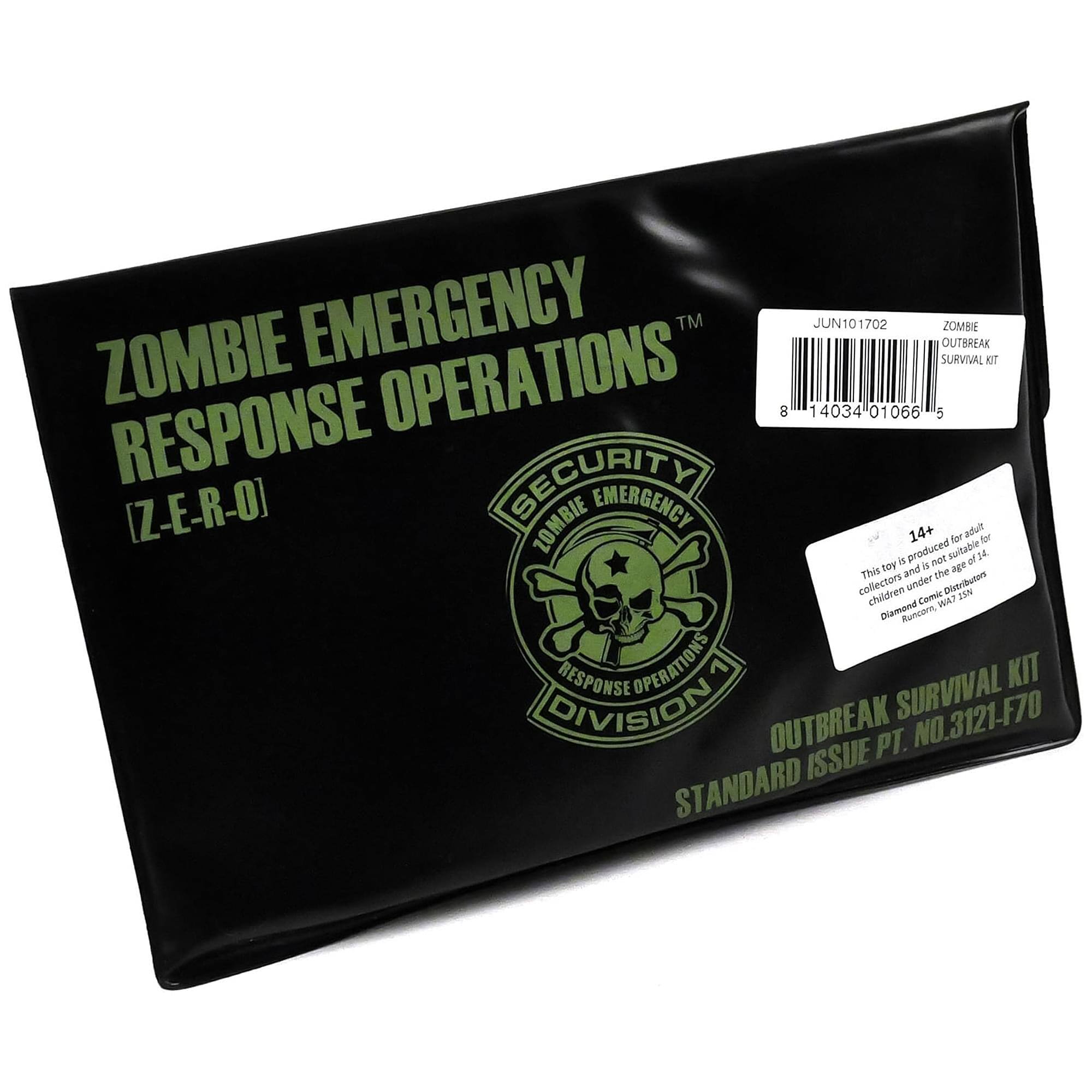 ZOMBIE EMERGENCY TM JUN101702 SURVIVAL OUTBREAK ZOMBIE RESPONSE OPERATIONS [Z-E-R-O] SECURITY ZOMBIE EMERGENCY 14+ for adult for 4 produced not suitable a 24 NV a ngT This and the collectors children under Distributons 23% Comic WA Diamend Runcom RESPONSE OPERATIONS 1 SURVIVAL KIT DIVISION OUTBREAK NO.3121-F70 ISSUE PT. STANDARD