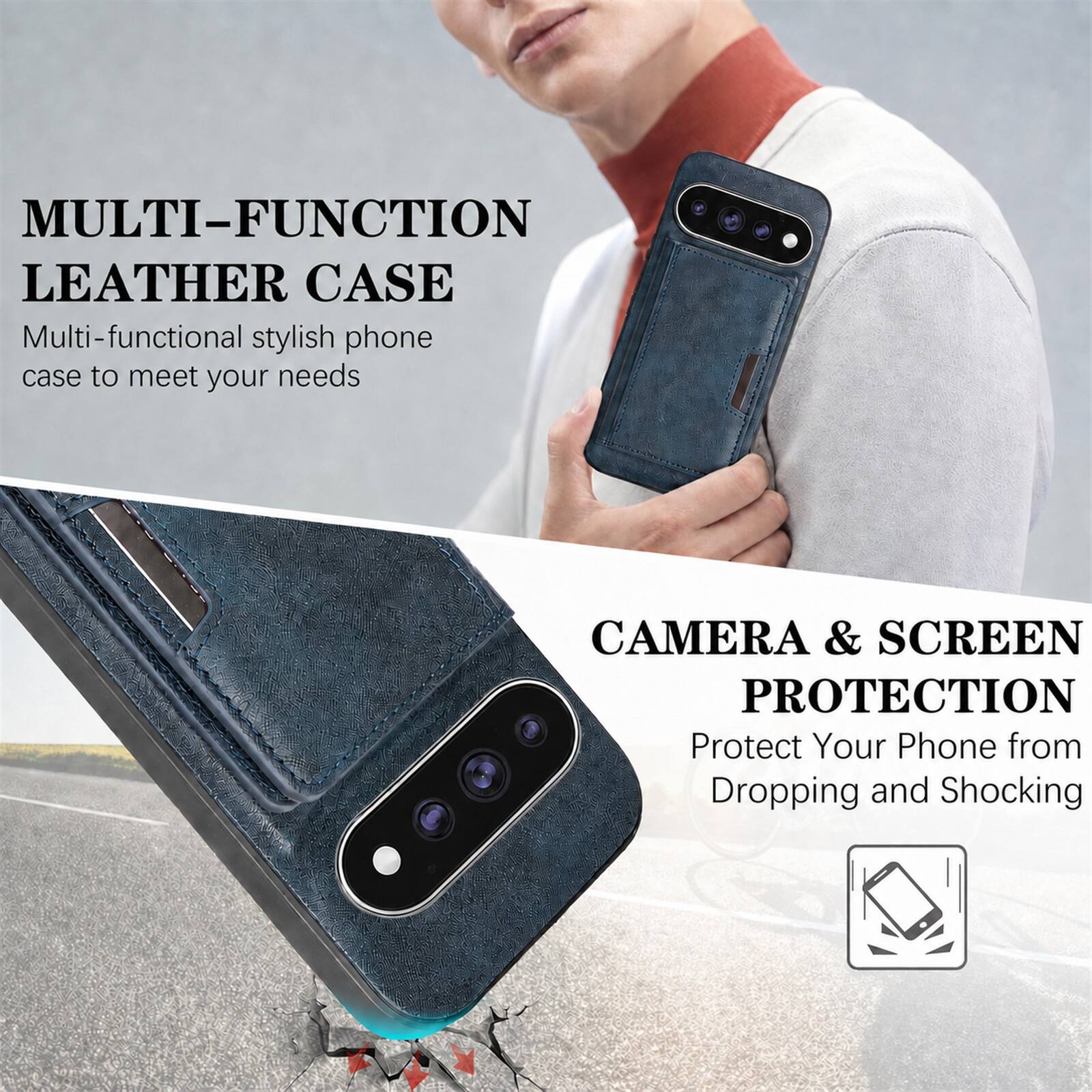 MULTI-FUNCTION LEATHER CASE  
Multi-functional stylish phone case to meet your needs

CAMERA & SCREEN PROTECTION  
Protect Your Phone from Dropping and Shocking