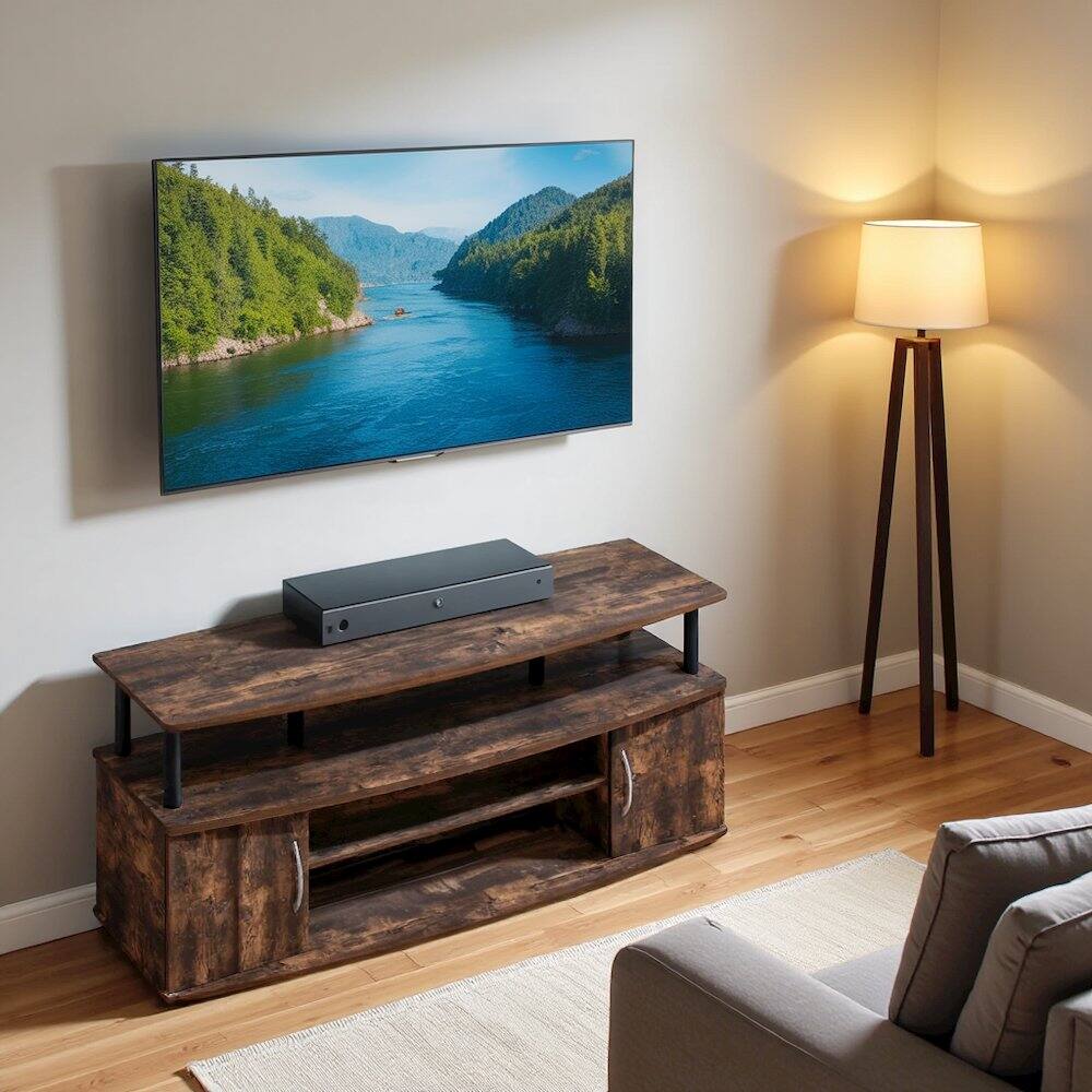 Left. FurniFact - Brown Wooden TV Stand with 3 Open Shelves and Dual Door Storage TV Console - Amber Oak/Black.