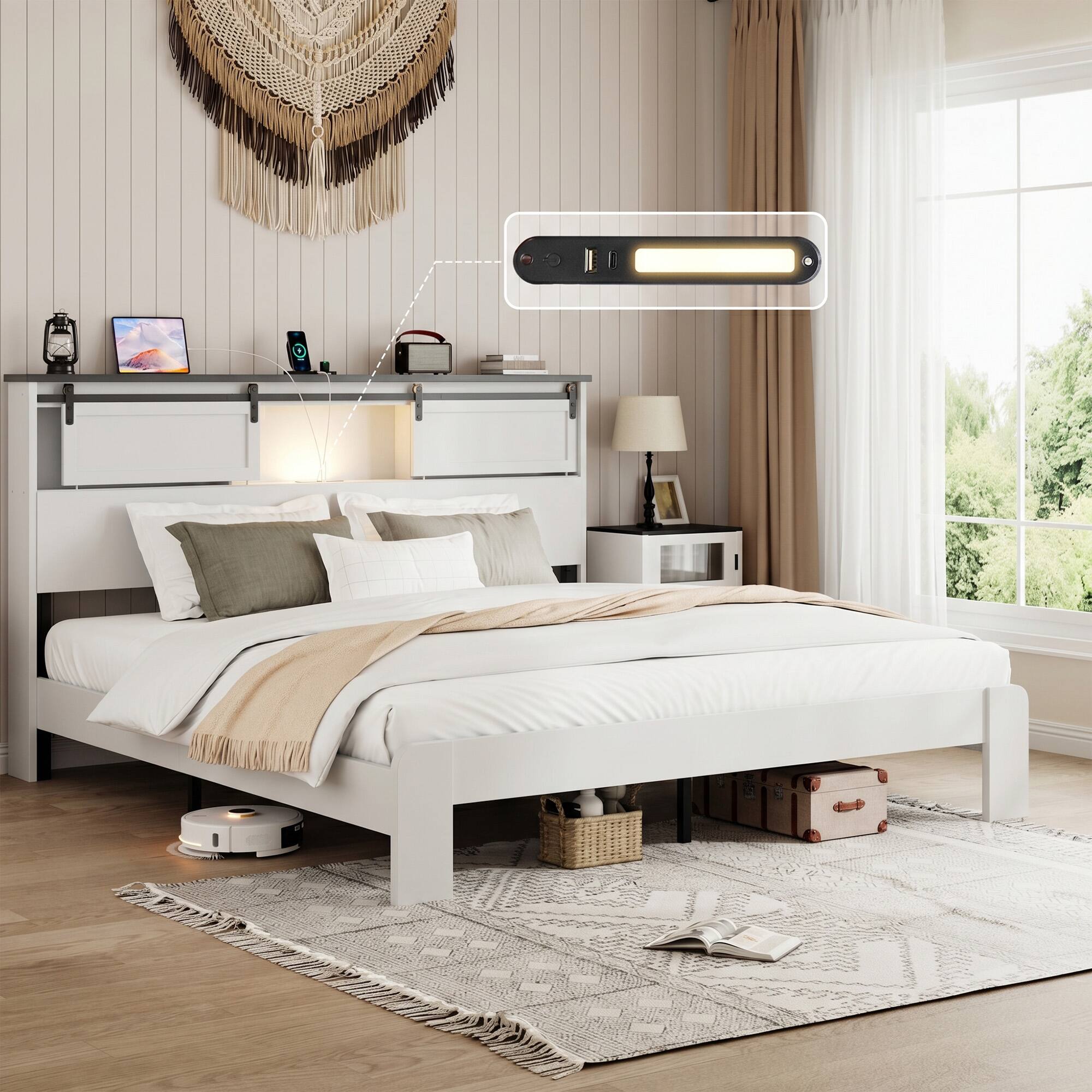 Anysun - King Metal Bed Frame with Charging Station, No Box Spring, Noise-Free, Easy Assembly - White