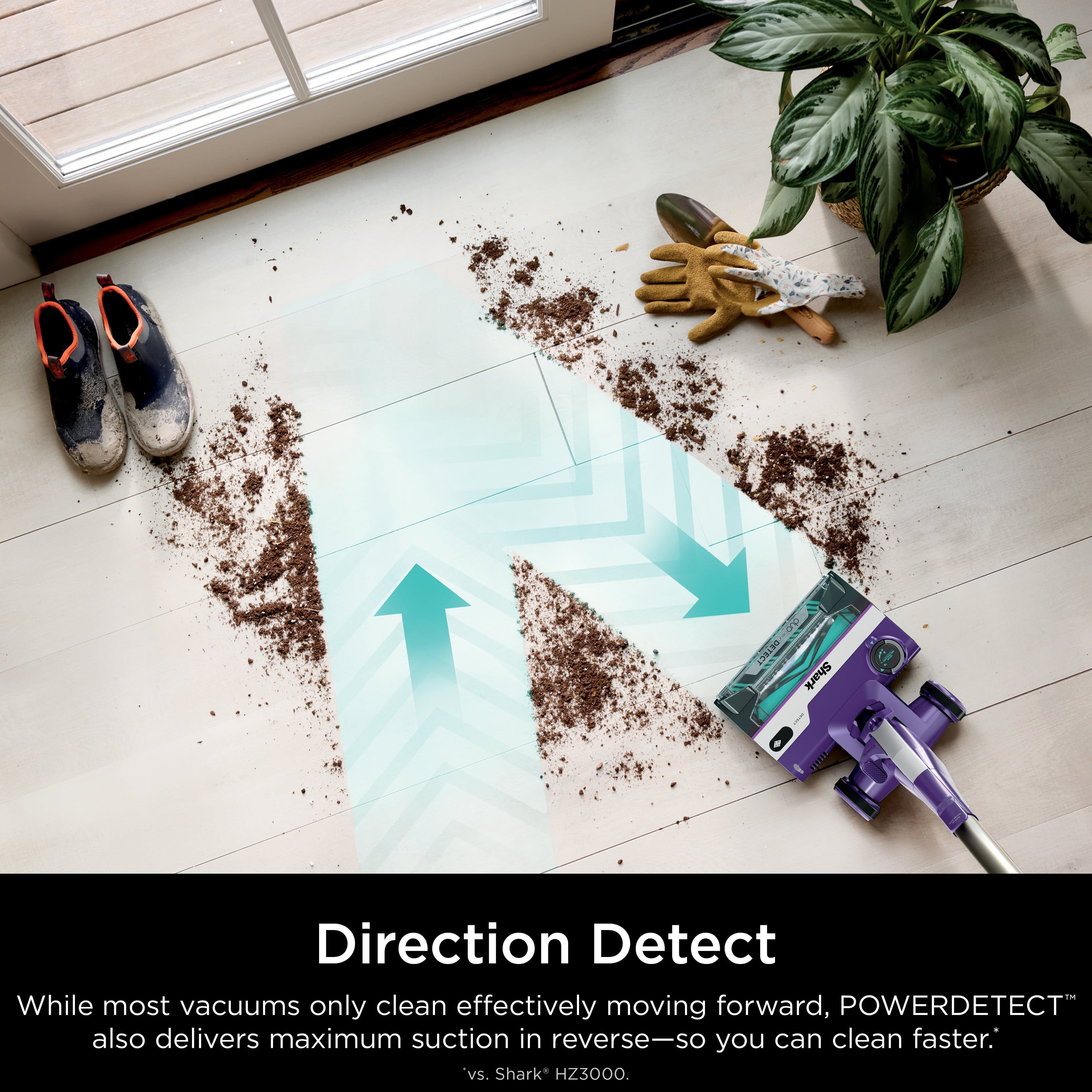 Direction Detect While most vacuums only clean effectively moving forward, POWERDETECT also delivers maximum suction in reverse-so you can clean faster. vs. Shark* HZ3000.