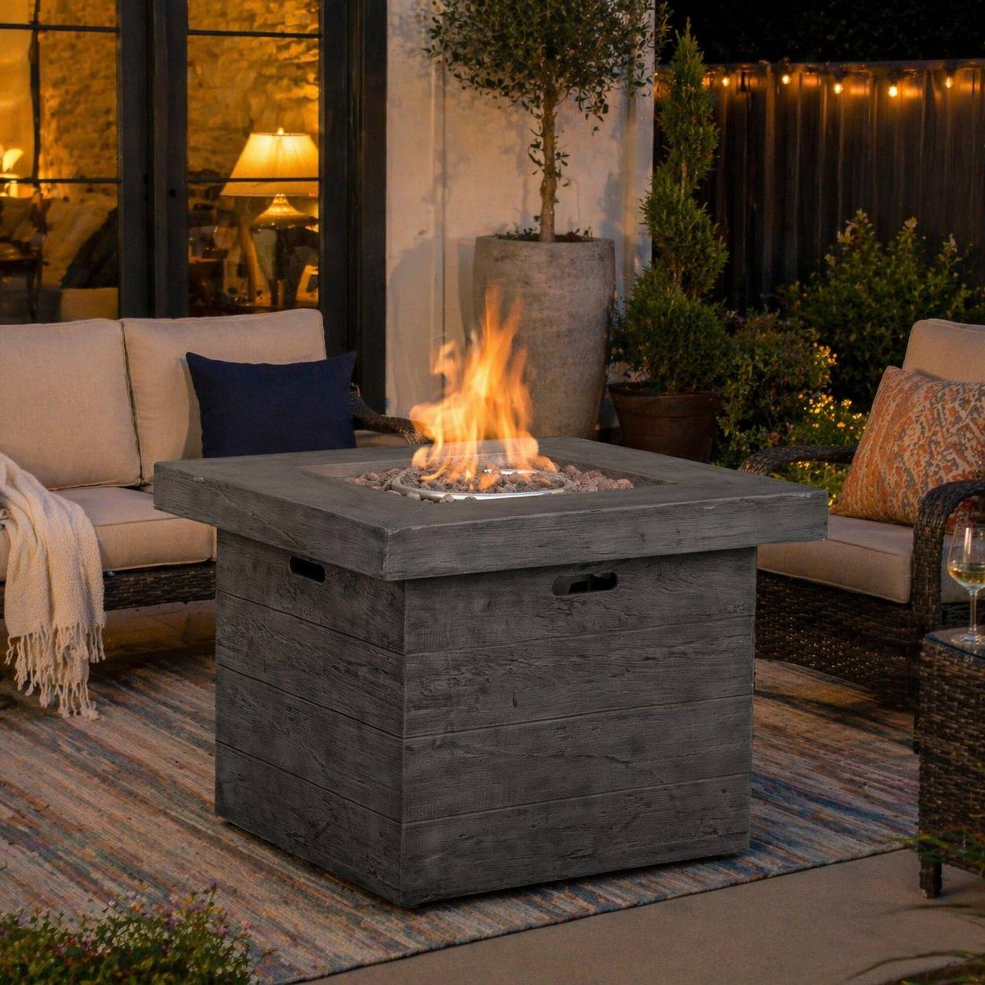 Left. RYHNUYNE - 32" Square MGO Fire Pit – 40,000 BTU Wood-Burning Outdoor Fireplace in Grey Finish for Patio, Backyard, Garden - Grey.