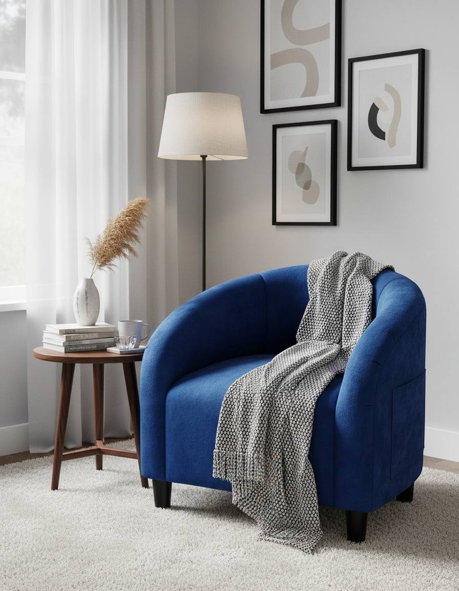 Front. GARVEE - Boucle Fabric Barrel Chairs, with Soft Cushion - Blue.