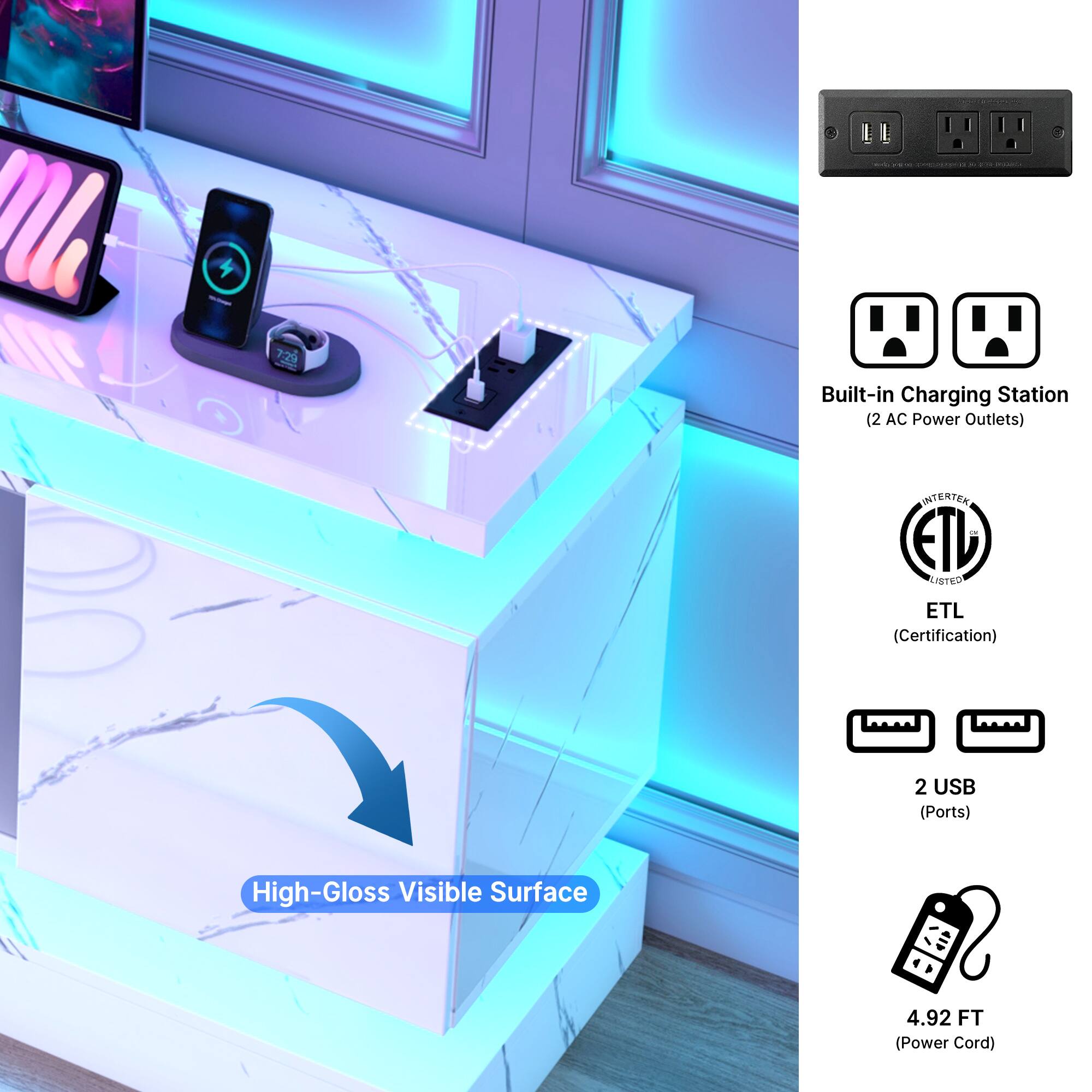 7:29 Built-in Charging Station (2 AC Power Outlets) INTERTEK ETL LISTED ETL (Certification) 2 USB (Ports) High-Gloss Visible Surface 4.92 FT (Power Cord)