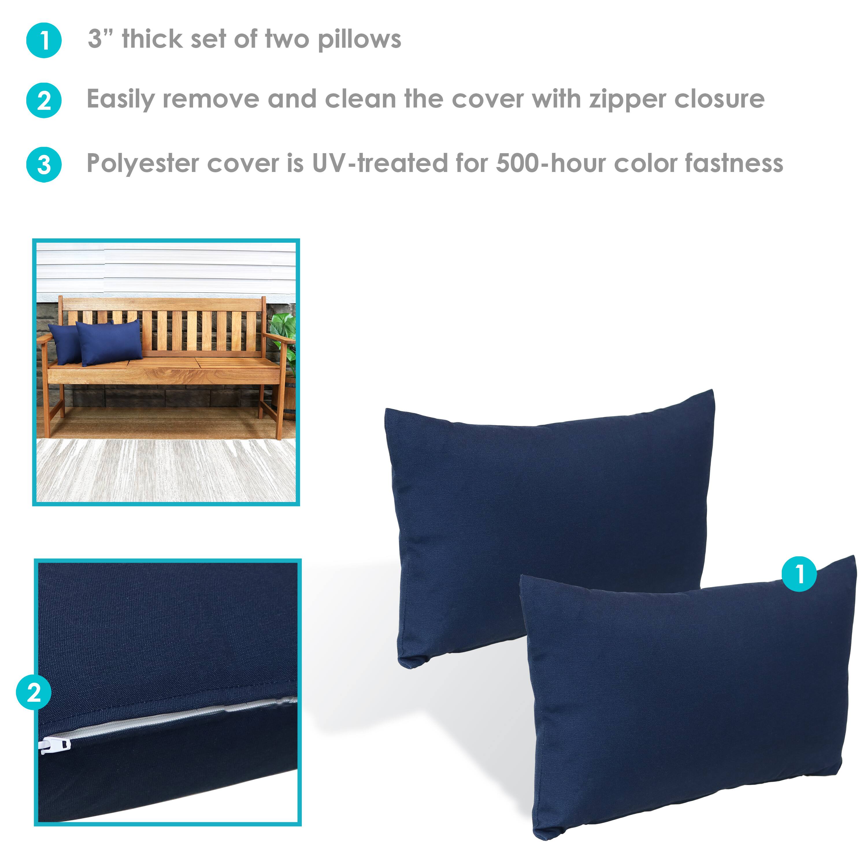 1. 3" thick set of two pillows  
2. Easily remove and clean the cover with zipper closure  
3. Polyester cover is UV-treated for 500-hour color fastness