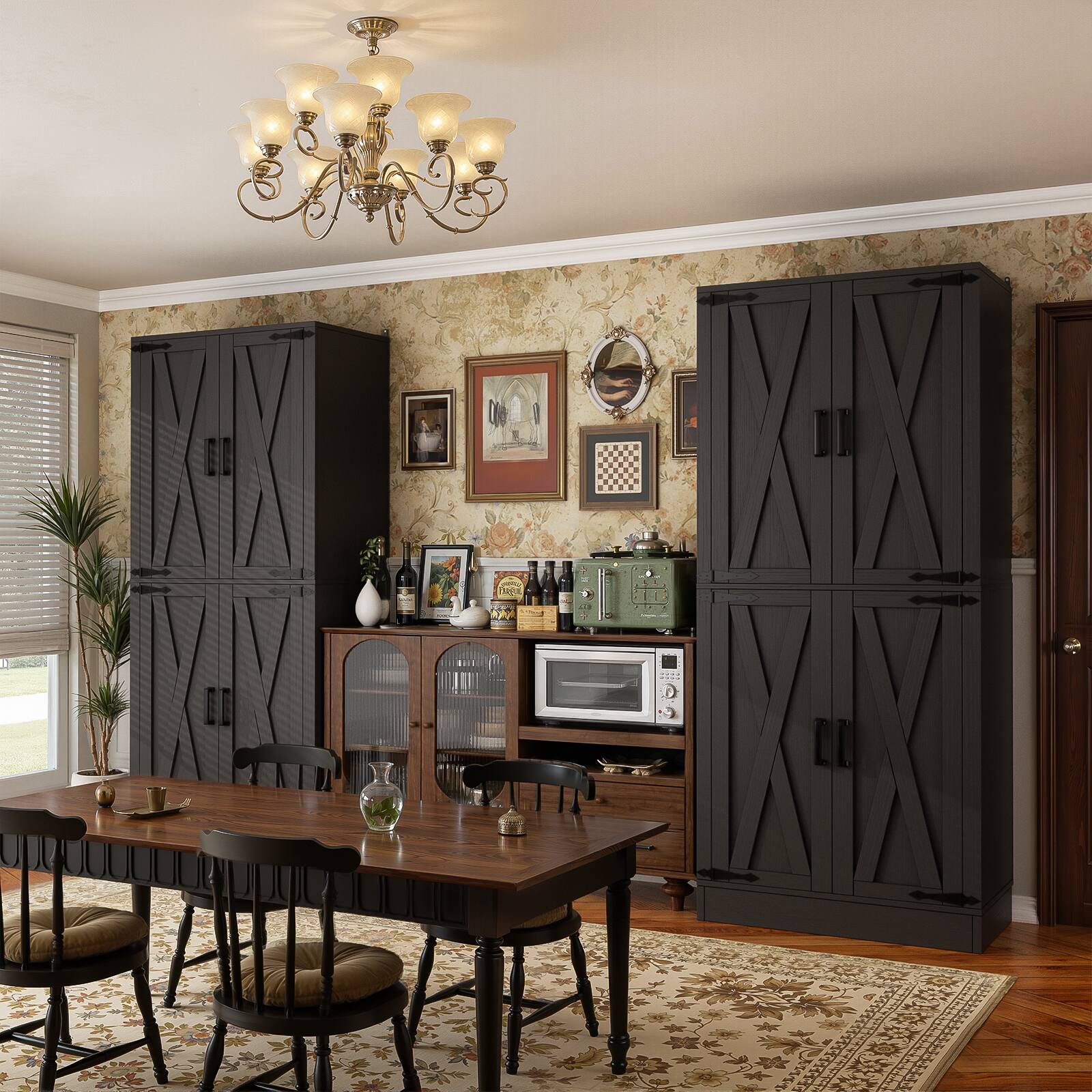 Angle. Aheaplus - 71'' Tall Farmhouse Pantry Storage Cabinet with 4 Barn Doors and Drawer, Cupboard with Adjustable Shelves, 2 Piece Set - Black.