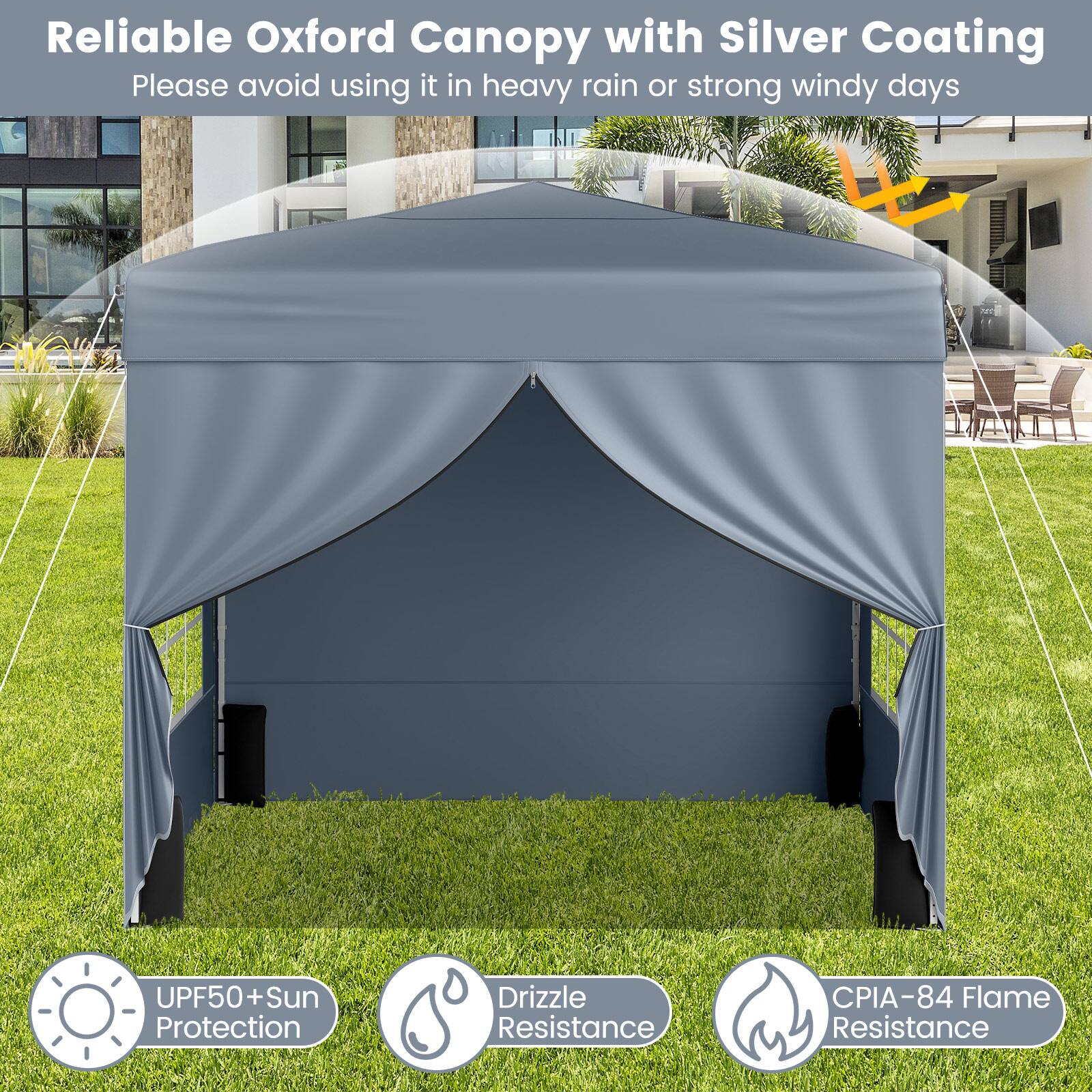 Reliable Oxford Canopy with Silver Coating  
Please avoid using it in heavy rain or strong windy days  

- UPF50+ Sun Protection  
- Drizzle Resistance  
- CPIA-84 Flame Resistance
