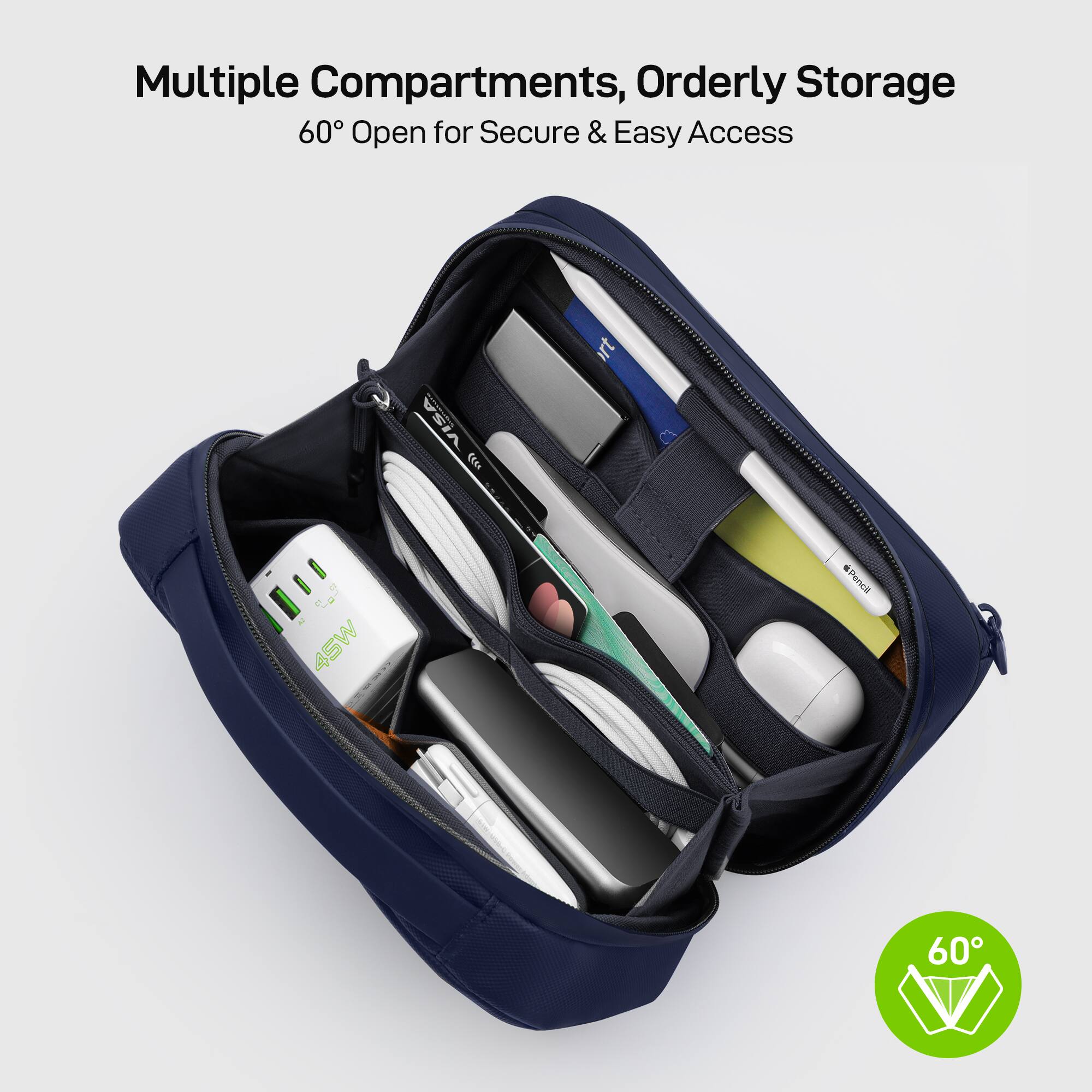 Multiple Compartments, Orderly Storage 60° Open for Secure & Easy Access VISA CUIA rt 3 al 45W Penell 60