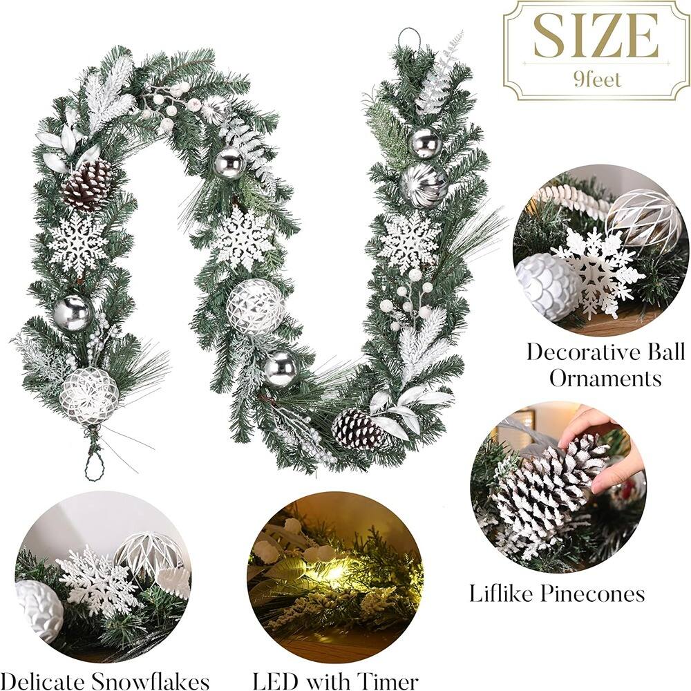 - SIZE 9 feet
- Decorative Ball Ornaments
- Lifelike Pinecones
- Delicate Snowflakes
- LED with Timer