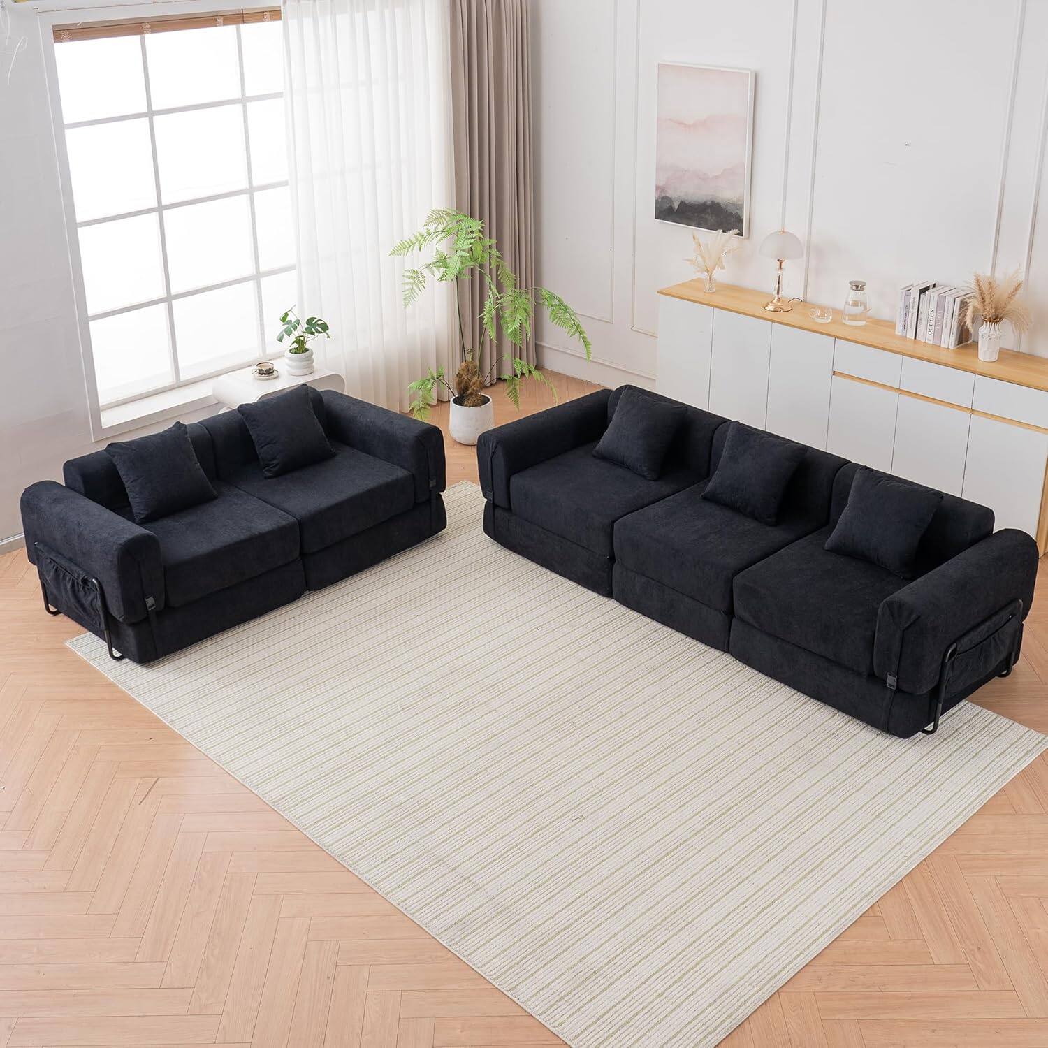 Alt View 2. AENKYO - Modern Convertible Sleeper Sofa Bed Futon Couch with Foldable/Pull Out Bed,Storage Pocket - Black.