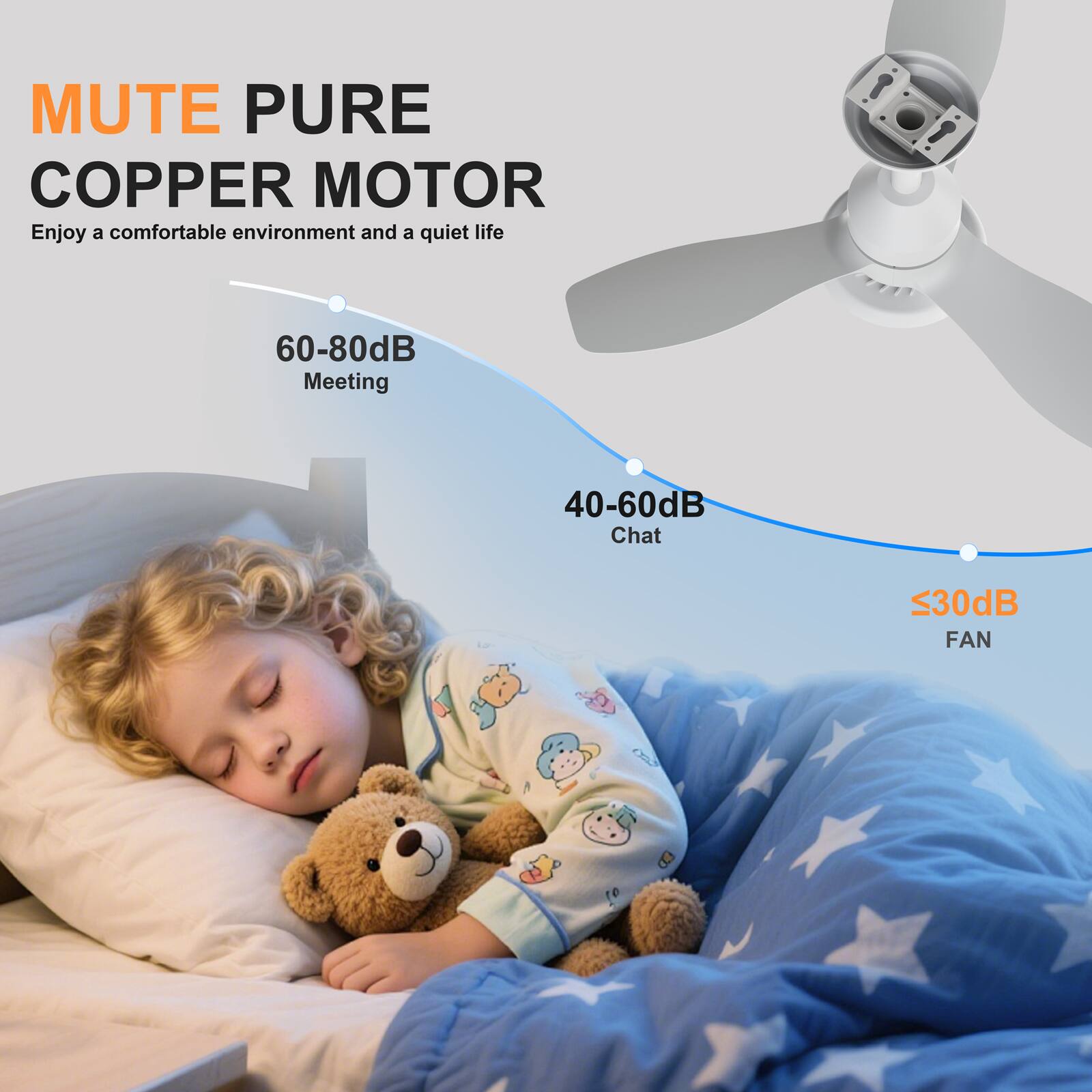 MUTE PURE COPPER MOTOR  
Enjoy a comfortable environment and a quiet life  
60-80dB Meeting  
40-60dB Chat  
<30dB FAN
