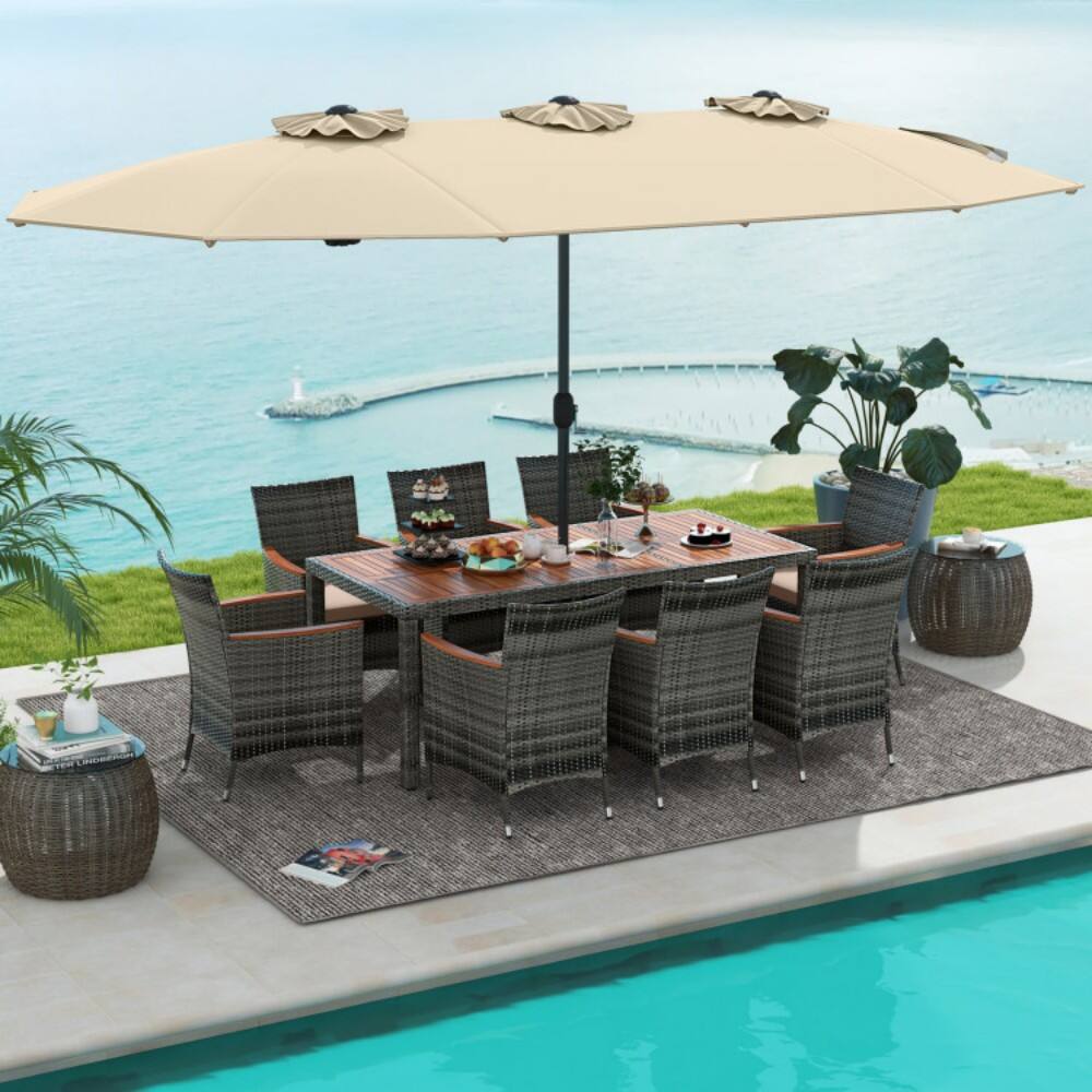 Left. Mondawe - 10 Pieces Patio Wicker Dining Set with 15 Feet Double-Sided Patio Umbrella - Beige.