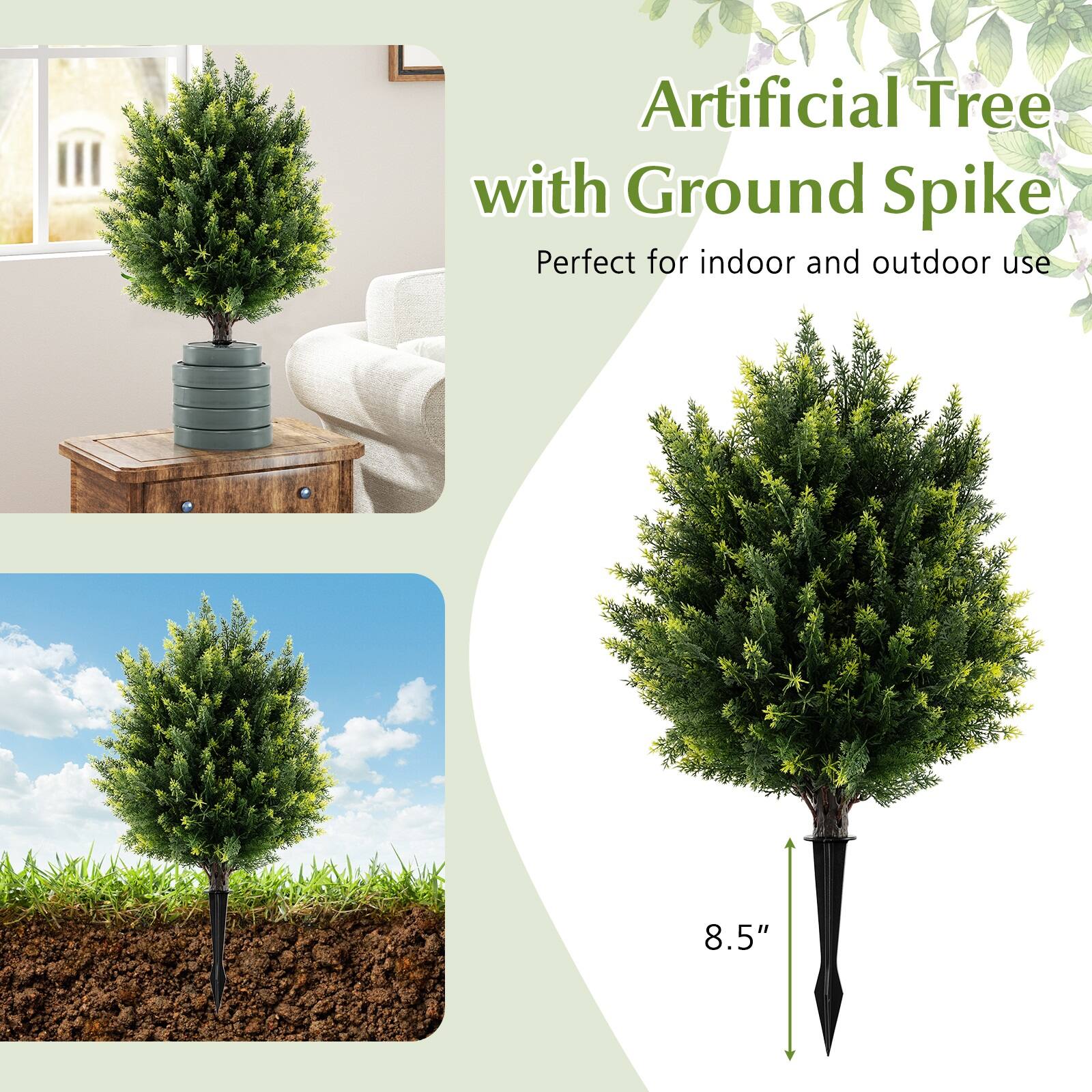 Artificial Tree with Ground Spike  
Perfect for indoor and outdoor use  

8.5"