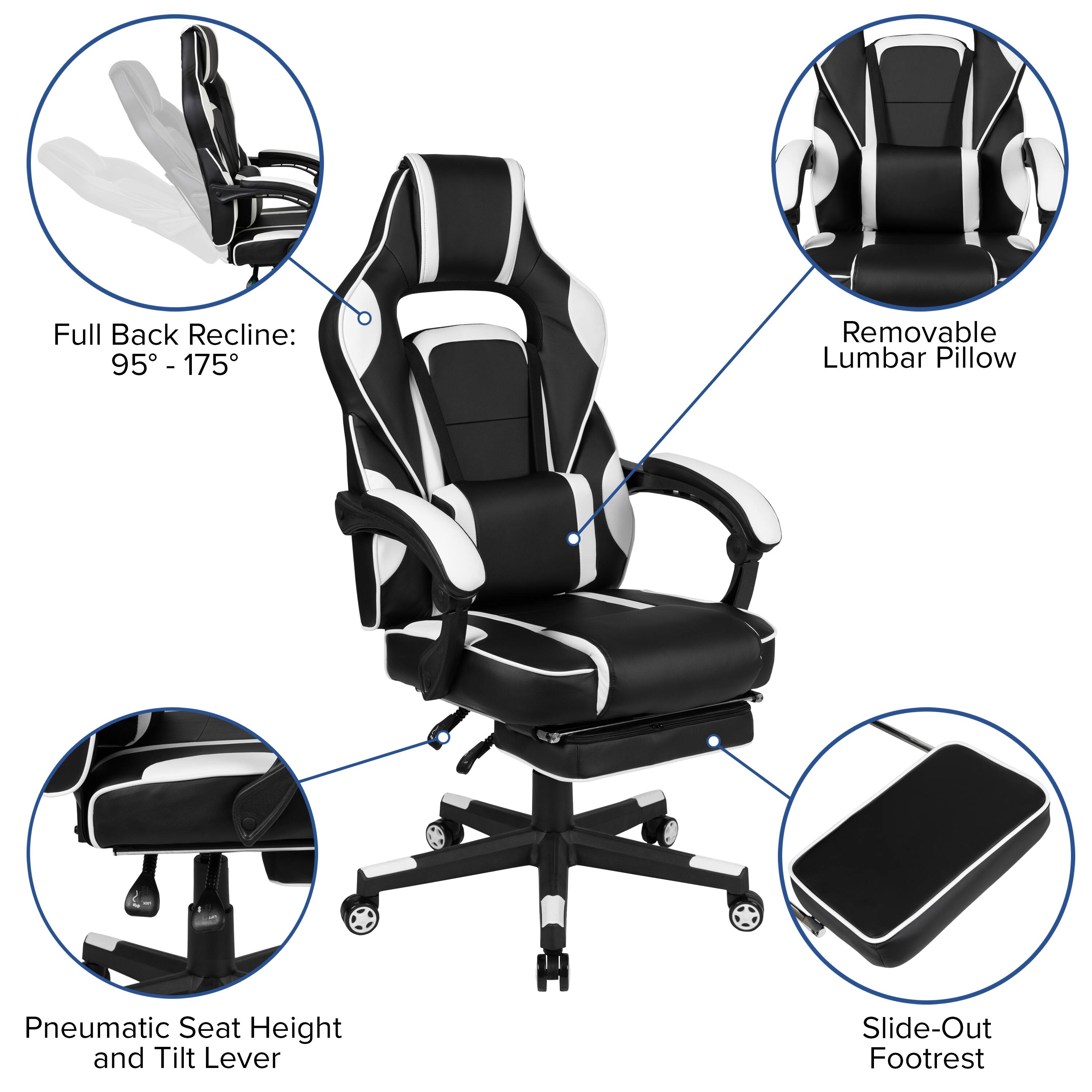 Full Back Recline: 95° - 175°  
Removable Lumbar Pillow  
Pneumatic Seat Height and Tilt Lever  
Slide-Out Footrest