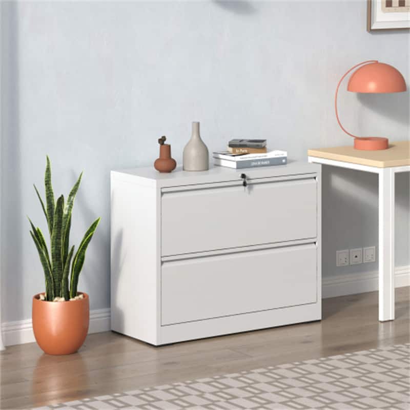 HTUTWOO - Lateral File Cabinet 2 Drawer – Filing Cabinet with Lock, Lockable File Cabinet for Home Office, Locking Metal Cabinet - White