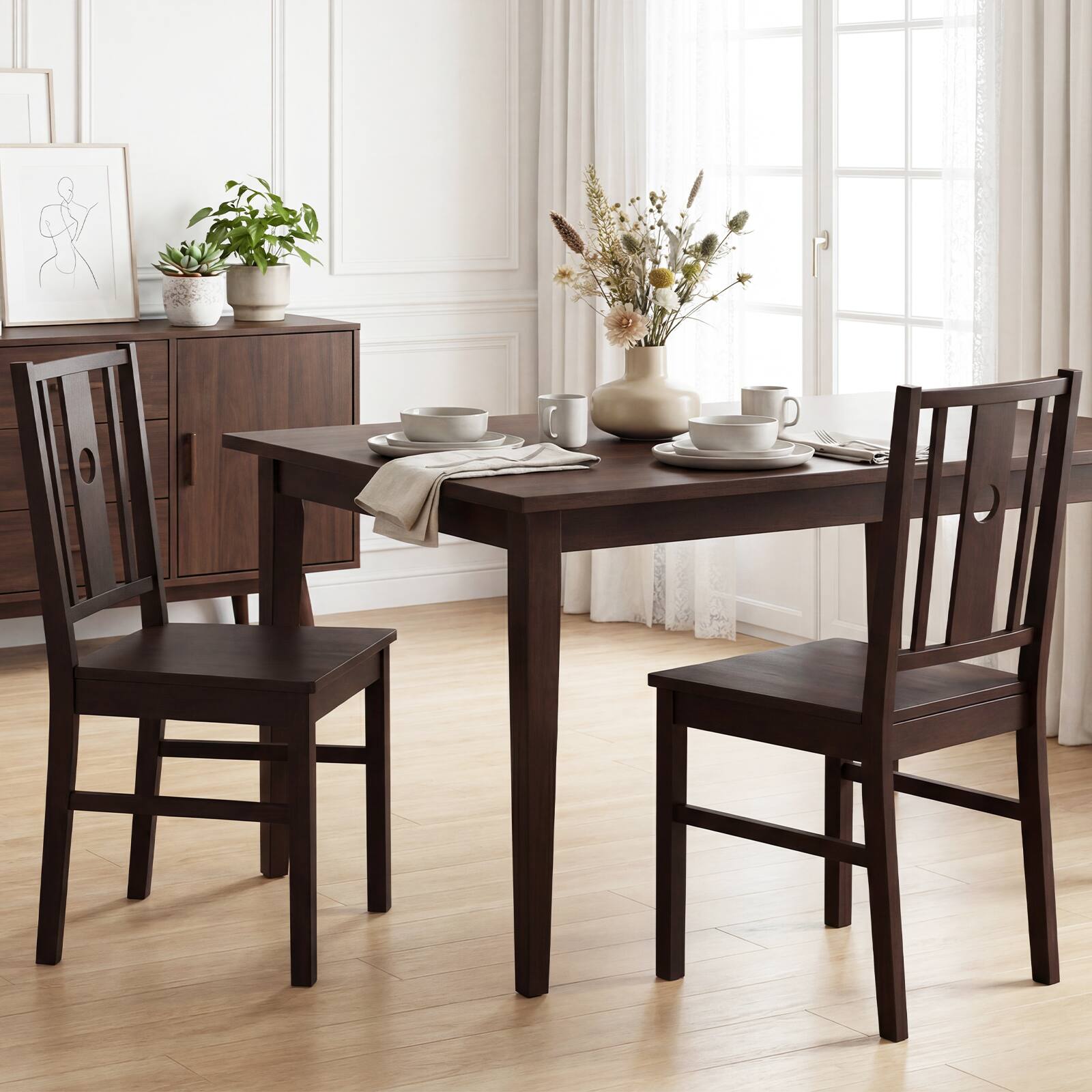 Alt View 1. Gymax - Gymax Dining Chairs Set of 2Solid Rubber Wood Kitchen Chair w/Slatted Curved Backrest - Brown.