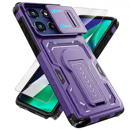Dteck - Rugged Stand Case for Motorola G Stylus 5G (2025),Shockproof Heavy Duty Cover With Sliding Lens Cover+Tempered Glass - Purple