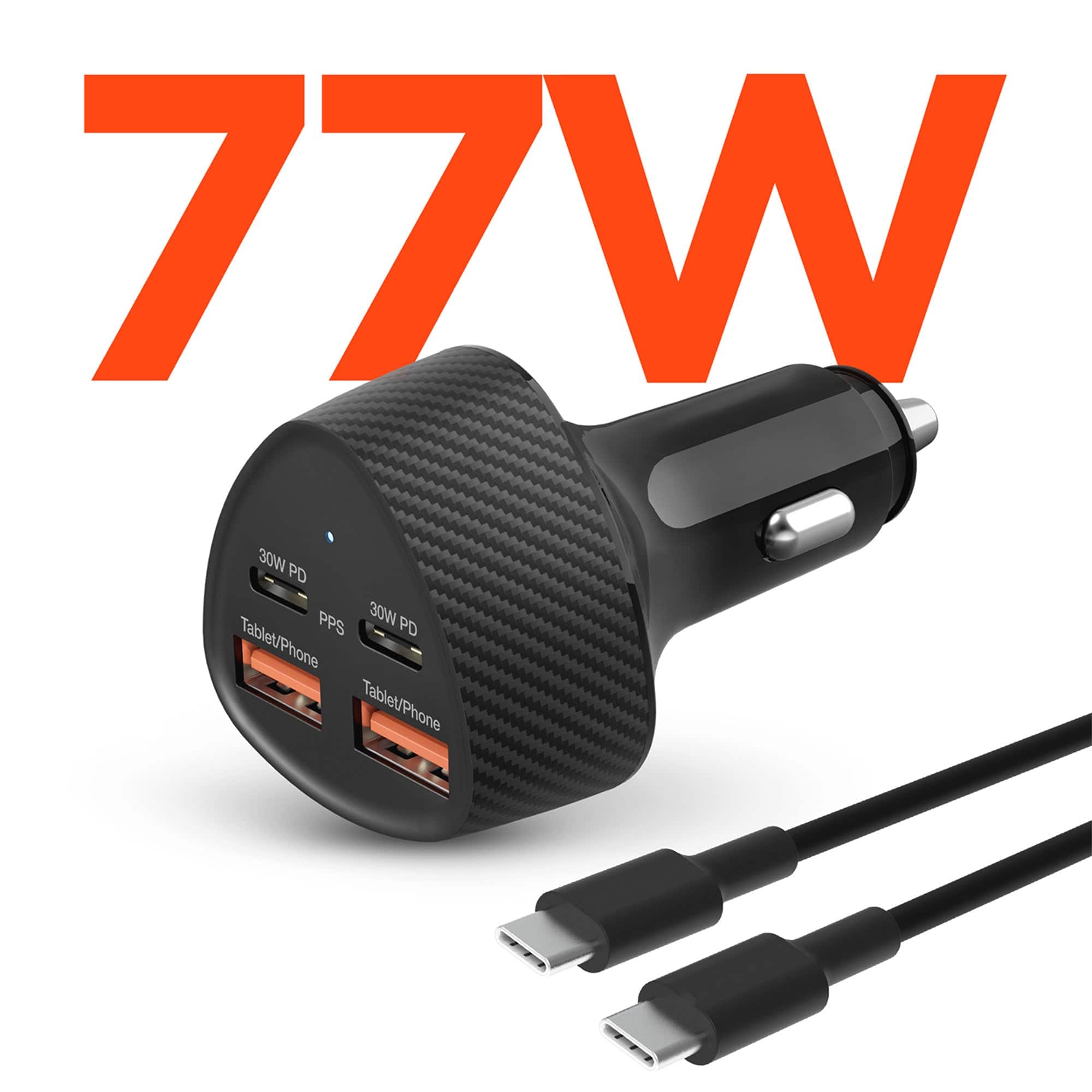 iBasics - 77W 4-Port Car Charger with 4ft USB-C Cable, Dual 30W PD/PPS - Black