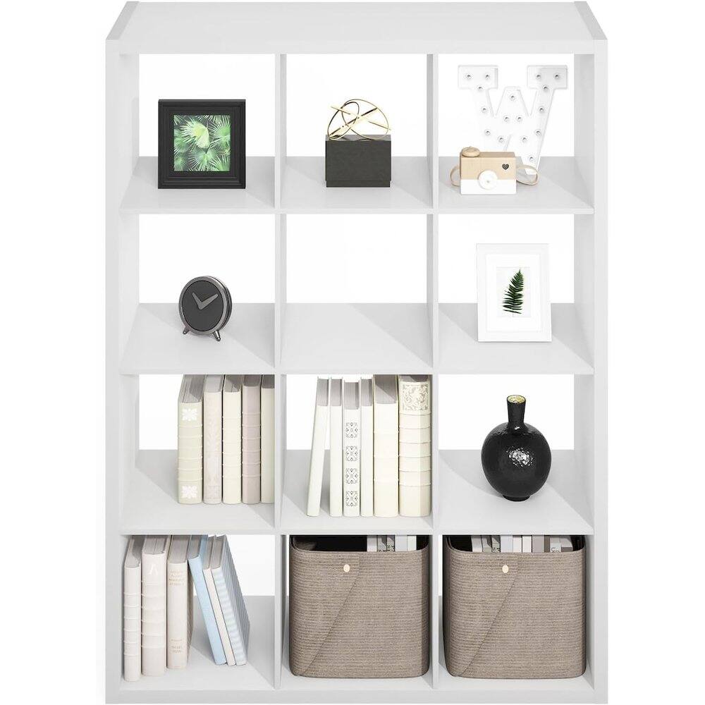 Alt View 2. FurniFact - White Engineered Wood 12 Shelf Open Back Storage with Modern Display Design - White.