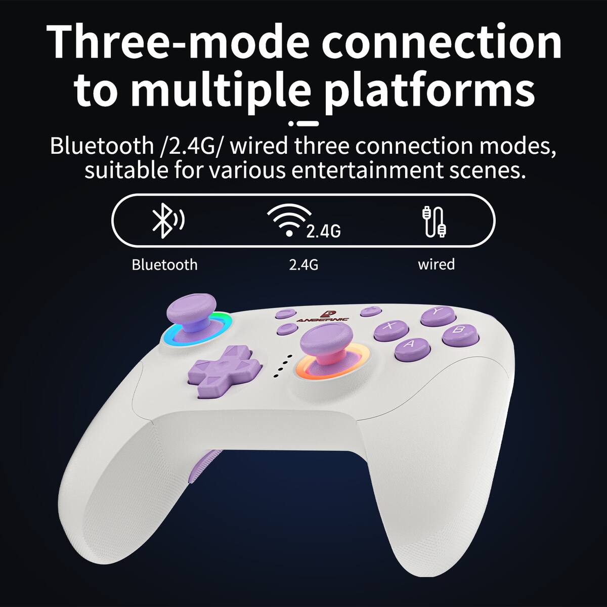 Three-mode connection to multiple platforms

Bluetooth / 2.4G / wired three connection modes, suitable for various entertainment scenes.

Bluetooth 2.4G wired