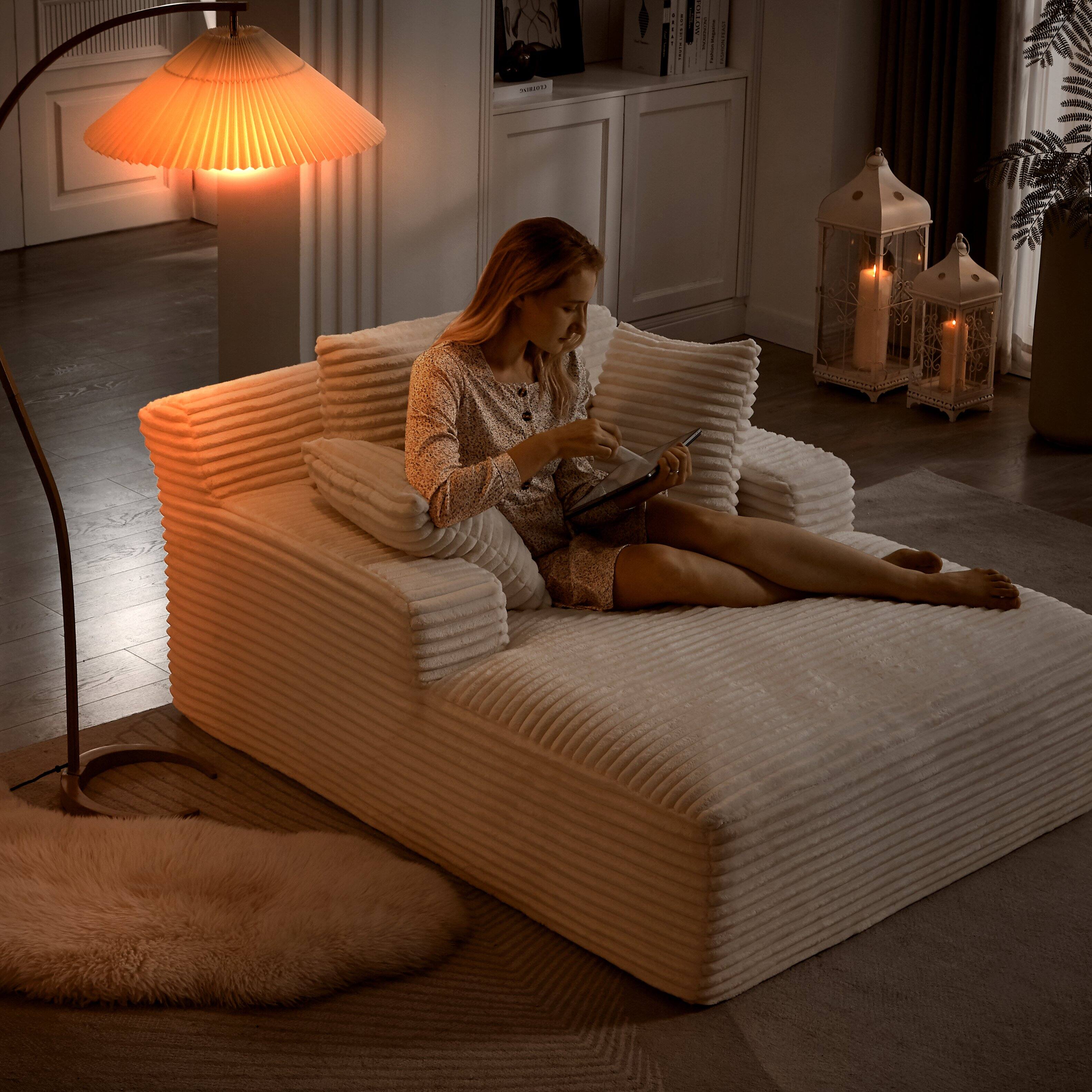 Angle. Trinkets Crazed - 49.2 Inches Corduroy Chaise Lounge Indoor, Oversized Chaise Lounge Chair with 3 Throw Pillows and Armrests - White.