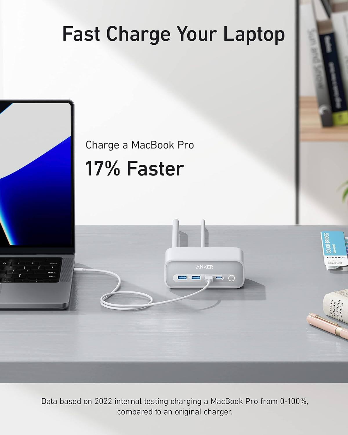 Fast Charge Your Laptop

Charge a MacBook Pro 17% Faster

Data based on 2022 internal testing charging a MacBook Pro from 0-100%, compared to an original charger.