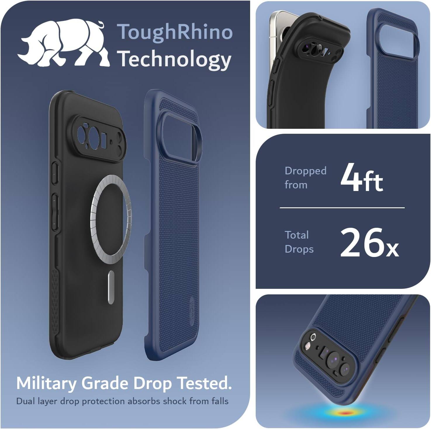 ToughRhino Technology

Dropped from 4ft

Total Drops 26x

Military Grade Drop Tested.
Dual layer drop protection absorbs shock from falls