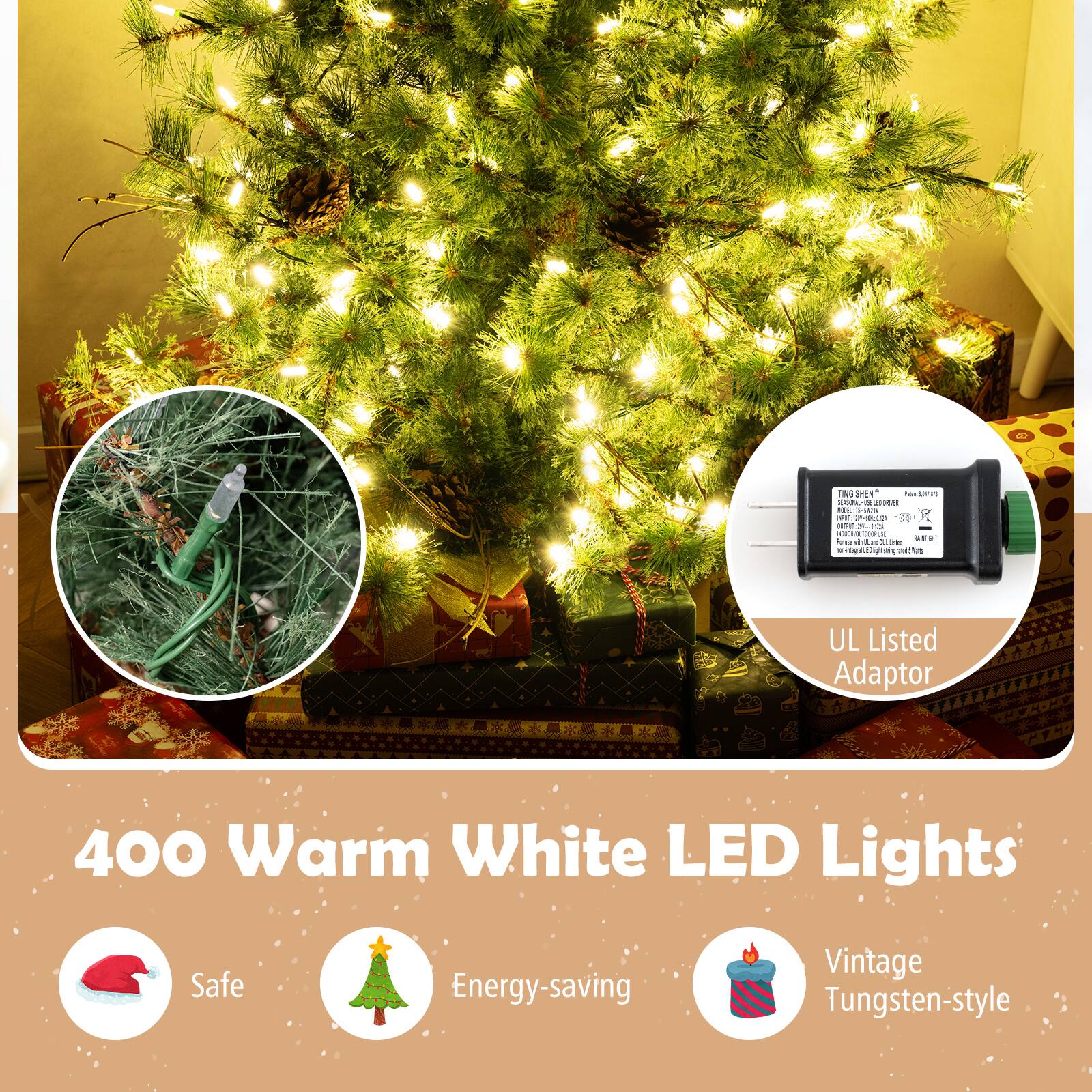 400 Warm White LED Lights

- Safe
- Energy-saving
- Vintage Tungsten-style

UL Listed Adaptor
