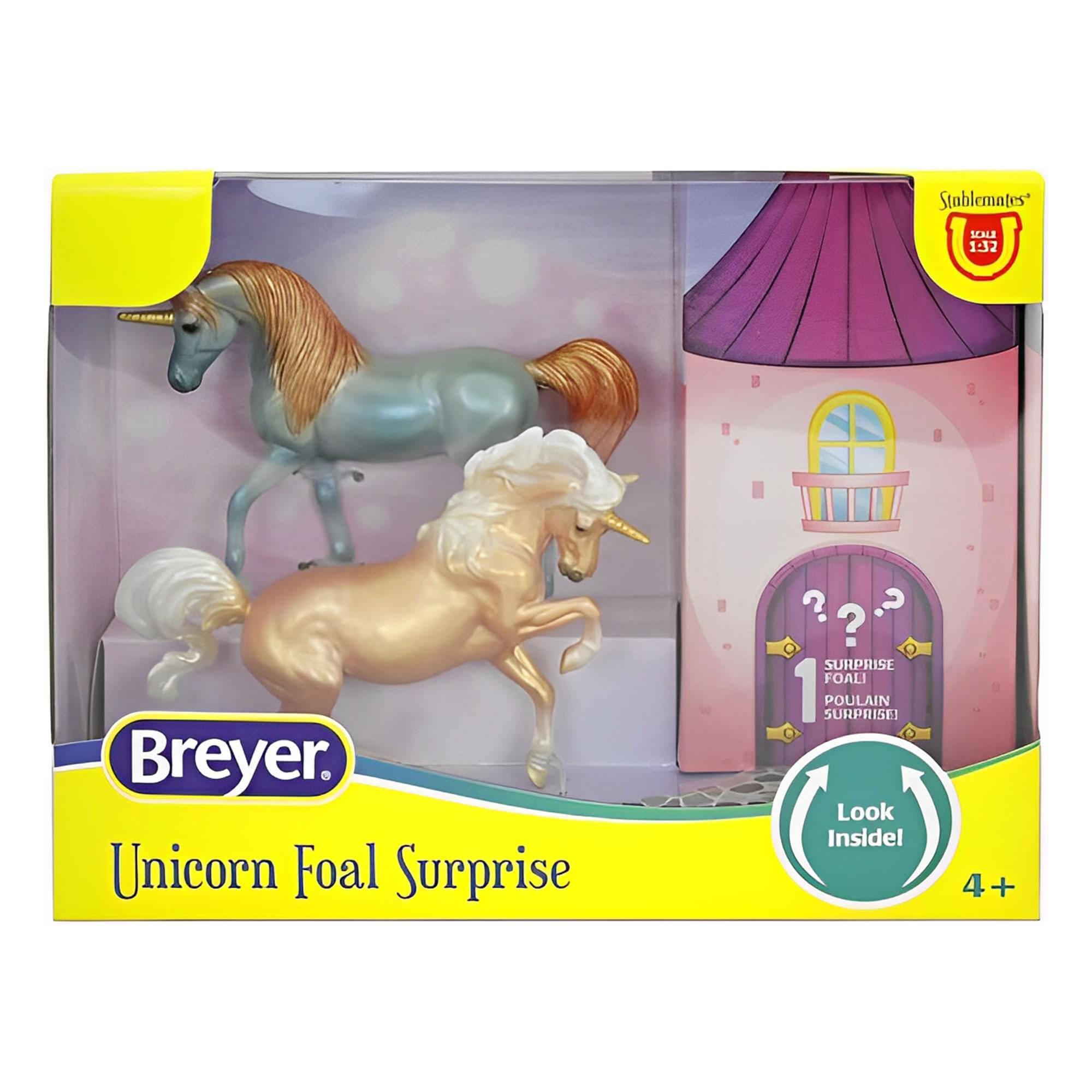 Stablemates  
1:32  
Breyer  
Unicorn Foal Surprise  
1 SURPRISE FOAL!  
1 SURPRISEI POULAIN  
Look Inside!  
4+