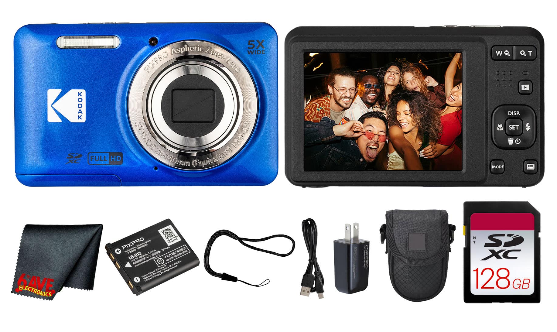 Kodak - PIXPRO FZ55 Digital Camera (Blue) (FZ55BL) + 128GB Card + Case + Cleaning Cloth