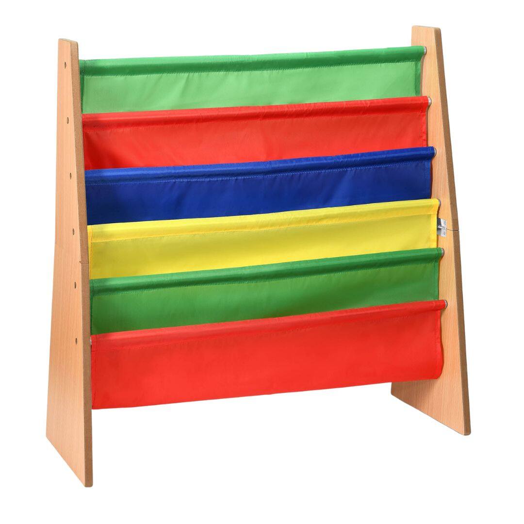 Angle. Home It - Toddler Book Shelf Organizer - Wooden Kids Bookcase Storage & Magazine Rack with 5 Multicolored Fabric Pockets - Multicolor.