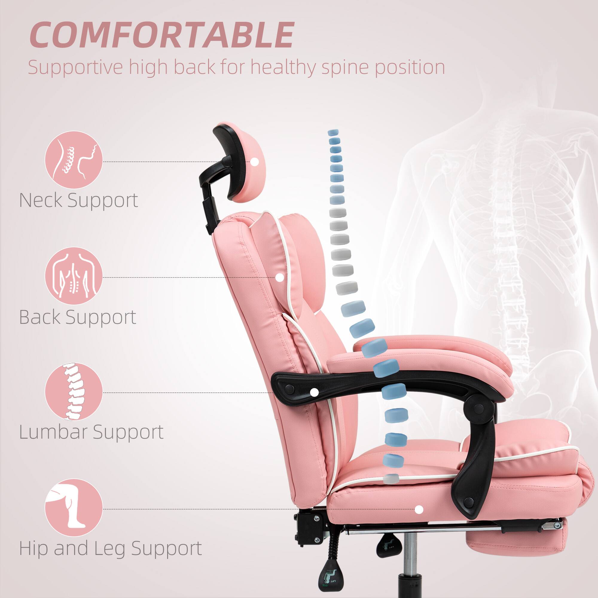 COMFORTABLE Supportive high back for healthy spine position Neck Support Back Support Lumbar Support Hip and Leg Support